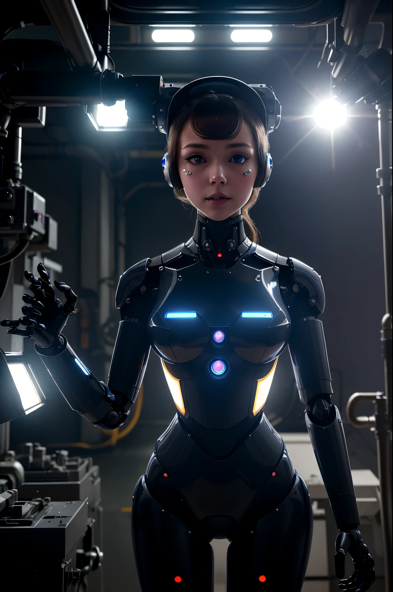 A robot maid reports for inspection, she is perfectly symmetrical. backlit eyes, plastic formed hair, obvious mechanical limbs, human face, maid outfit, factory setting