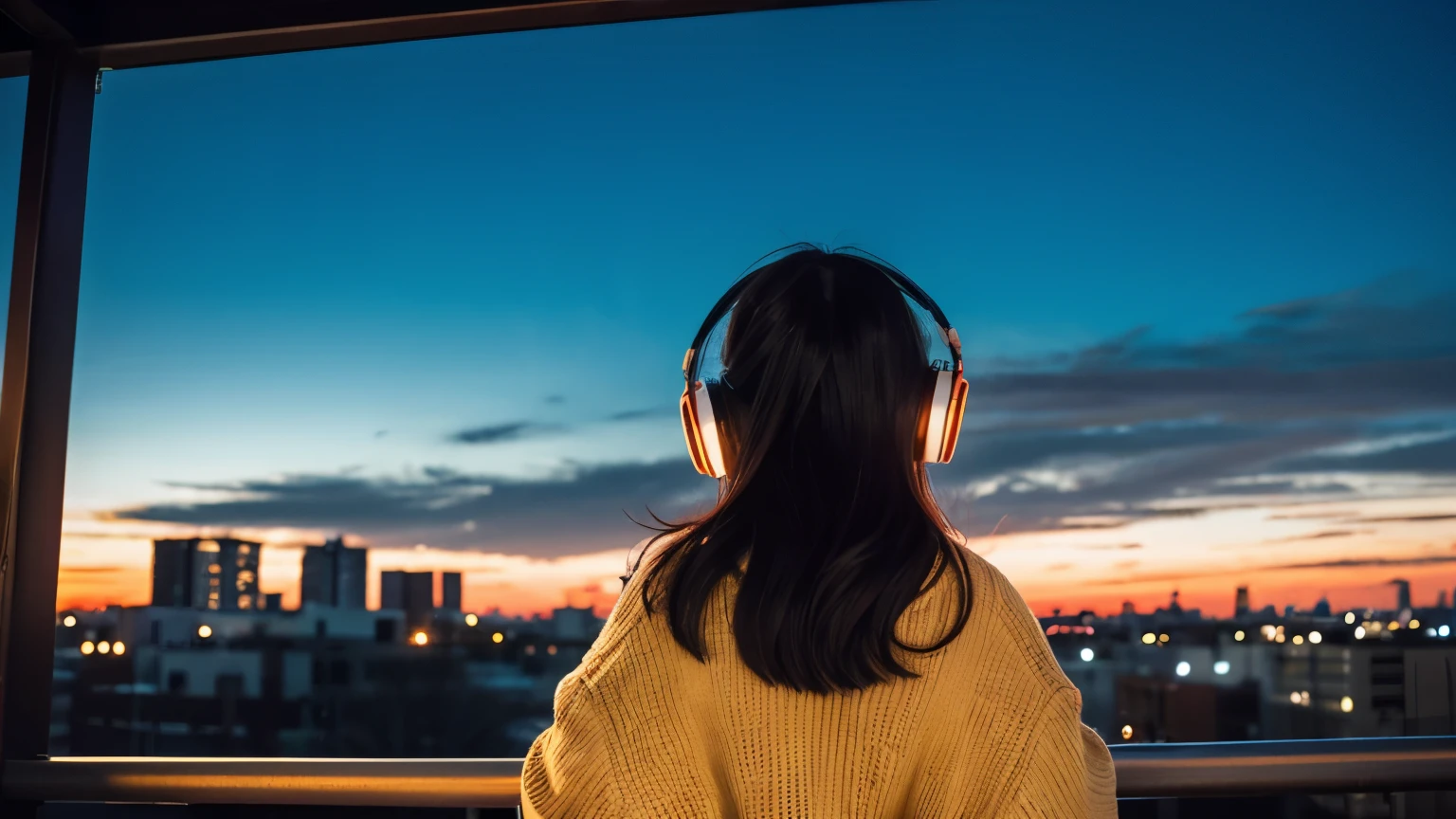 Rear view of a young Japanese woman wearing headphones looking at the beautiful sunset and cityscape。I can't see your face。
The scene is at dusk、The sun begins to set、街はorange色の光に包まれていく。In the clear sky without a single cloud、red、orange、yellow、The pink gradation spreads beautifully、The lights of the street lights start blinking。The person is a back view of a 21-year-old young Japanese woman.。Medium wavy hair blowing in the wind。Beige long cardigan and denim pants、Wearing comfortable clothes such as white sneakers、I have headphones on my head。The headphones are symmetrically drawn with precision.。
The camera composition is taken from behind the woman.、Spread the cityscape to the entire screen。後ろ姿なので女性のI can't see your face。In a realistic photo style、Be aware of natural light depictions。beautiful silhouette of a woman、Create an image with an impressive contrast between the colors of the sunset and the cityscape。