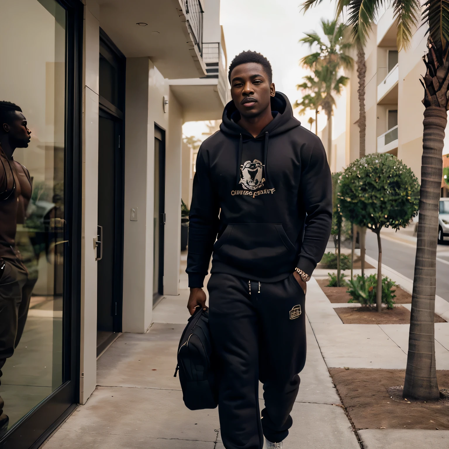 Photo realistic cinematic attractive African American man, muscular, wearing hoodie and sweat pants, holding gucci crossbody duffel bag , sensual eyes, full lips, walking out of luxury condominium