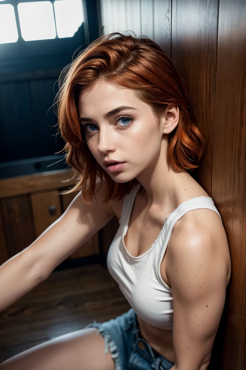 (masterpiece, photorealistic:1.4, extremely intricate:1.3), (photon mapping, radiosity, physically based rendering, ultra resolution, hyper-realistic, photorealistic:1.4, hyper-realistic, 8K, rtx), female, 19 years old, ((solo teenage 1girl [bodybuilder:supermodel:0.2], (short [bright orange hair:bright ginger hair:0.7], [medium breasts:large breasts:0.8]), cutoff white t-shirt, ((humid, moist)), ([skin detail:freckles:0.7]), (((sharp focus beautiful perfect closeup face))))), outdoors, pool, intense sunlight, cinematic, bokeh, BREAK, (((dynamic pose, Photograph on Fujifilm)))
