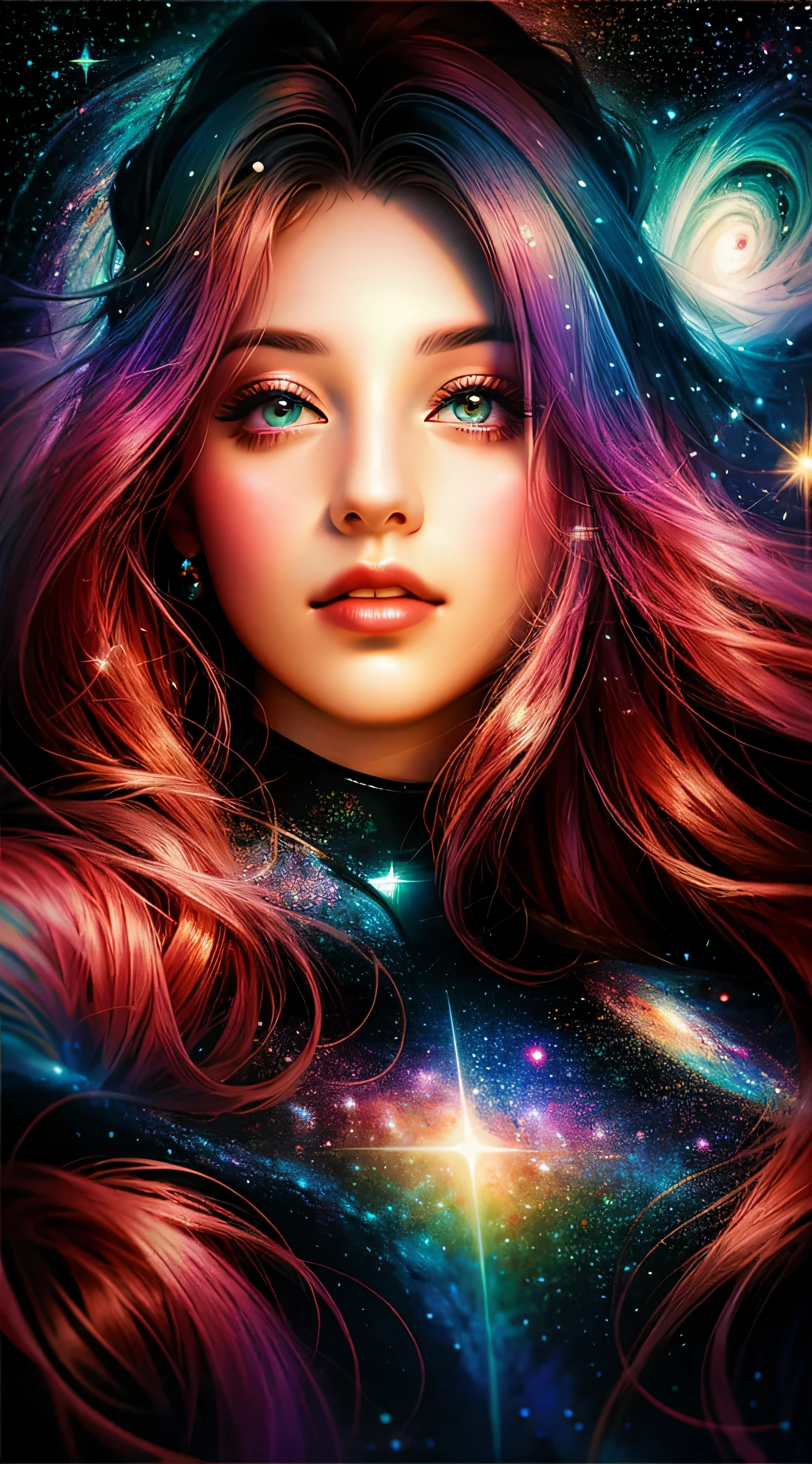 pintura de uma mulher com uma gravata e um fundo cheio de estrela, estrelas em seus olhos de olhar, imagem de ARTE DIGITAL, girl in space, ARTE DIGITAL!!, cosmic girl, Non-Bowater art style, retrato de fantasia digital, pintura digital brilhante, strange portrait with galaxy, arte digital de retrato, em estilo de pintura digital, retrato da fantasia, linda ARTE DIGITAL linda