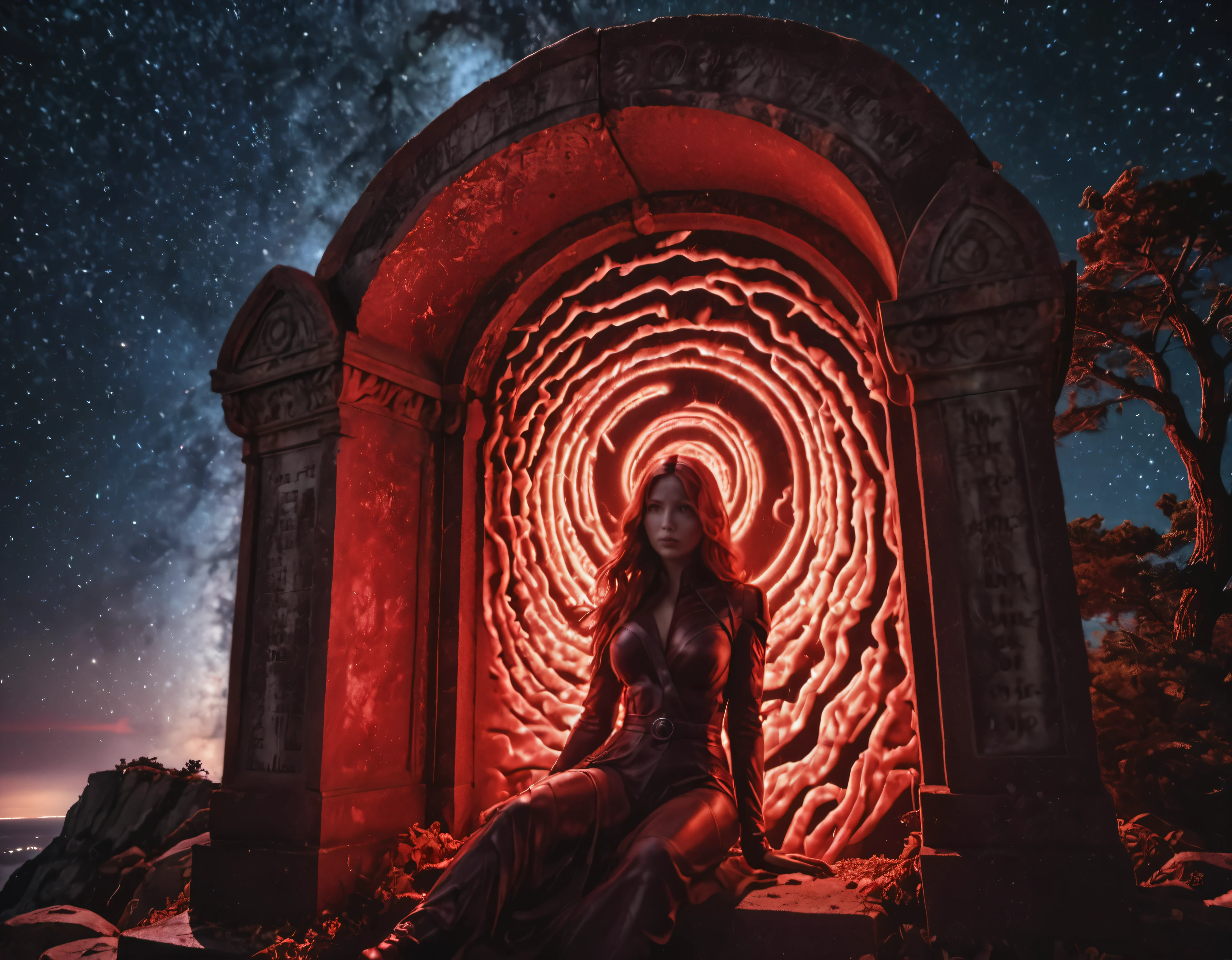 heroic stone (gravestone) of ([Black-widow|Marvel]), alone on the edge of a cliff, gateway nighttime backlit mystical swirls of vibrant red cosmic lights lightbeams high-saturation, analog photo (film grain)