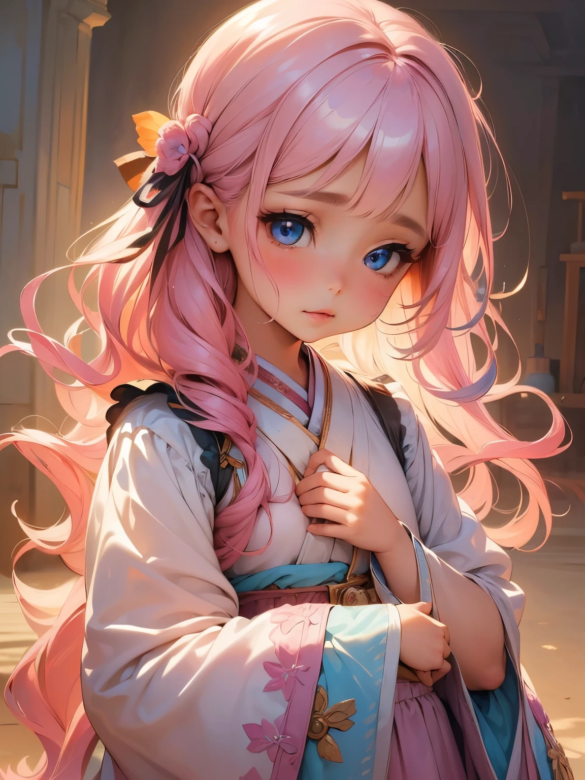 (finely detailed beautiful eyes and detailed face,masterpiece sidelighting,masterpiece,best quality,detailed,High resolution illustration),, (1 girl,whole body,beautiful girl,shiny skin,look down,looking at the audience),, (pink hair,blue eyes,ribbon,Hanbok, korean clothes), (clothed_Lower chest围:1.2),Lower chest,