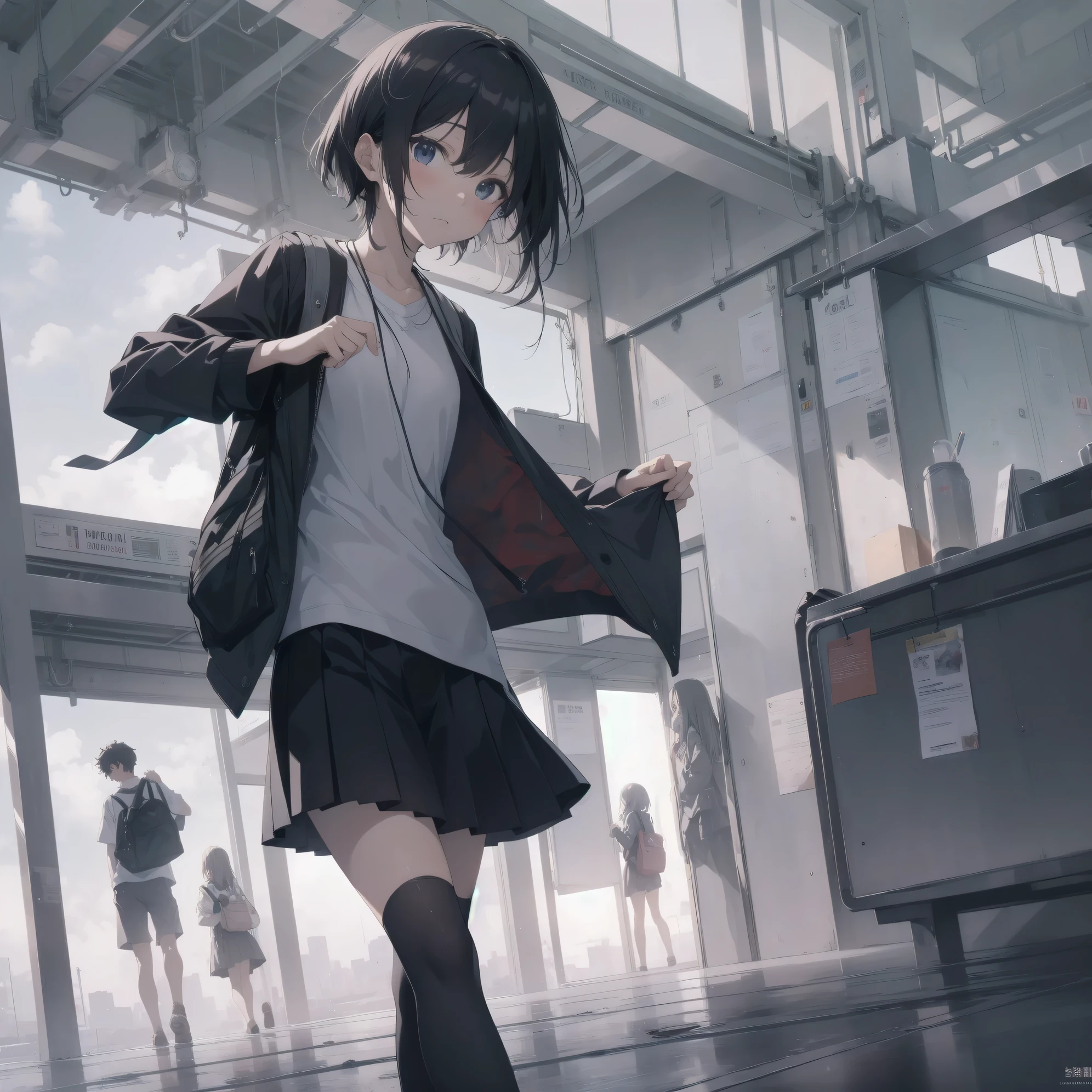 Super absurd quality by the god of art, super detailed, High resolution, anime moe art style, Best Anime 8K Kona-chan Wallpaper, pixiv contest winner, perfect anatomy, break,cowboy shot, (眠そうにalone学校へ行く女の子を描いてください. )break,1 girl, (alone,little woman, cute face, :1.3),All limbs, full finger,, The charm of an immature body, (very_short hair), shortcut, Bang, flat chest, small ass, between legs, small black eyes, detailed and beautiful eyes, Well-proportioned iris and pupils, expressive eyes, High resolutionの詳細な髪, neck ribbon, shirt, collared shirt, skirt, pleated skirt, school uniform, (detailed lighting), (detailed background), On the way to school. break,super dense skin, Best cinematic lighting powered by famous artist, 8k,Beauty Illustration,photoshop_(Moderate),Absurd Hi-Res,Hmm,rough skin,break,((artist:Fujiyama)), artist:Fujichoko,artist:Yamamoto_Soichiro,artist:hanekoto