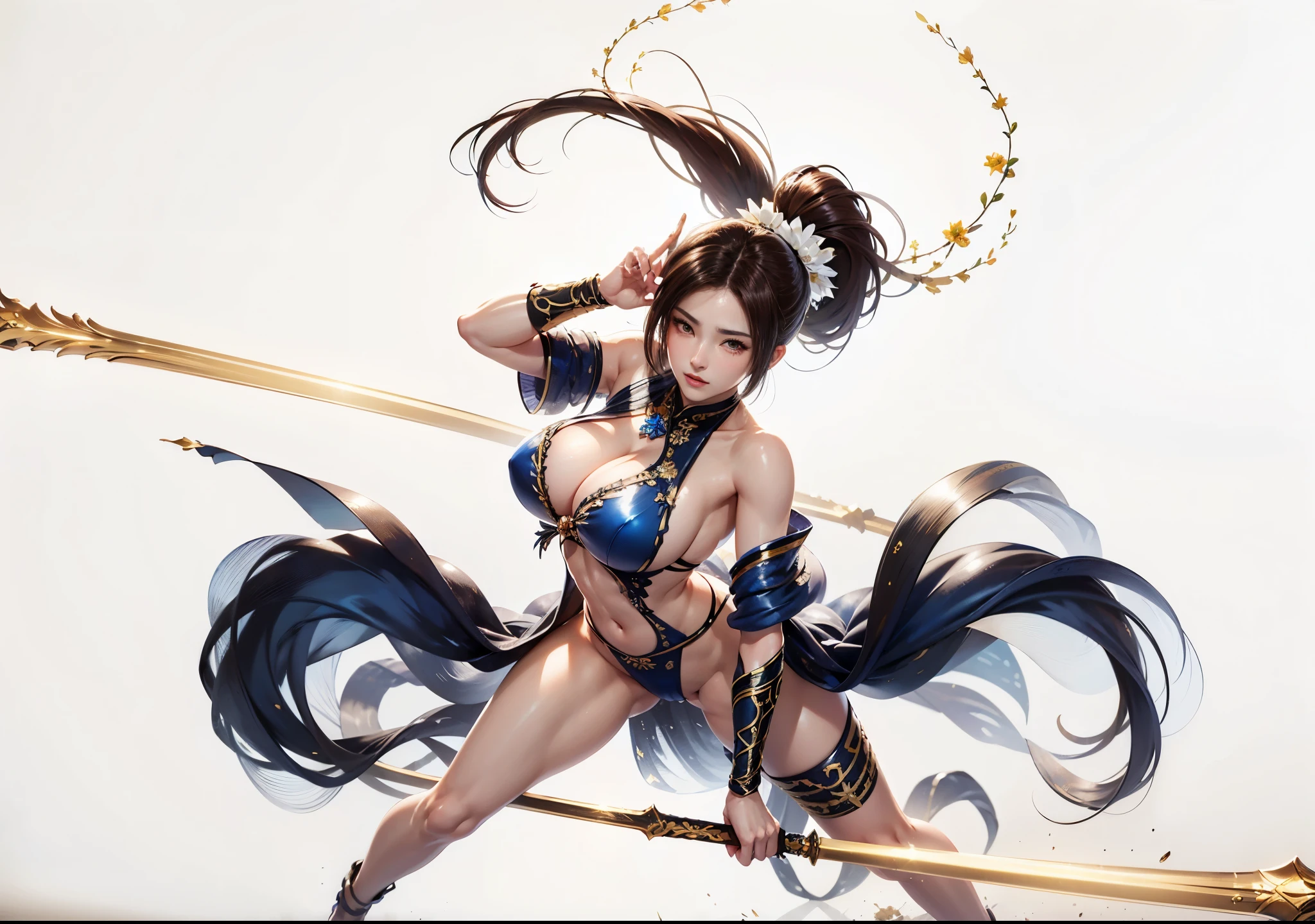 Replace the people in the picture，Holding a long sword，(Exquisite longsword)，Replace the people in the picture，8k，ultra high resolution，ultra high definition，masterpiece，perfect face，supermodel，Delicate skin，[[[muscle]]]，high ponytail，huge breasts，(((Anatomically correct)))，