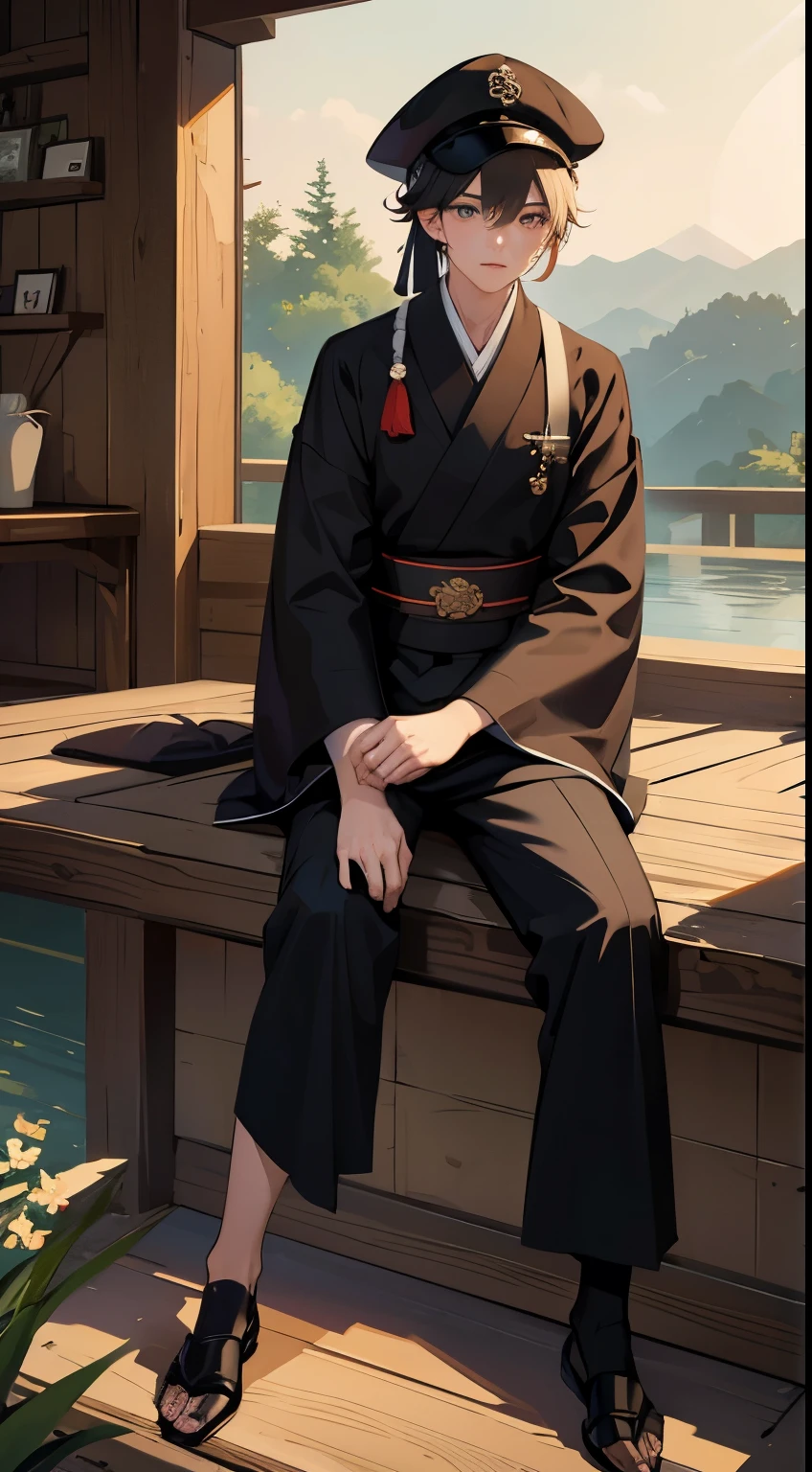 masterpiece、uth、Young man in black suit and hat、Landscape with rusty shades、Old Japan landscape、kyoto、Meiji、Taisho、Taisho romance、stone pavement、catss、There is a man sitting at a desk with a laptop, artwork in the style of guweiz, guweiz masterpiece, guweiz, guweiz on artstation pixiv, by Yang J, in the art style of bowater, loish and wlop、RAW photo of a landscape、detaile、Photorealsitic、hyper realistic photography、in 8K、Digital SLR、Soft lighting、hightquality、film grains、FujifilmXT3、(masterpiece)、Human perspective、People's eye level、masterpiece、top-quality、Highly elaborate CG Unity 8K wallpapers、an oil painting、awardwinning photo、Bokeh、depth of fields、nffsw、bloom、chromatic abberation、Photorealsitic、Very detailed、art stations、Trending on CGSociety、Convoluted、high details、Dramatic、Volumetric lighting、