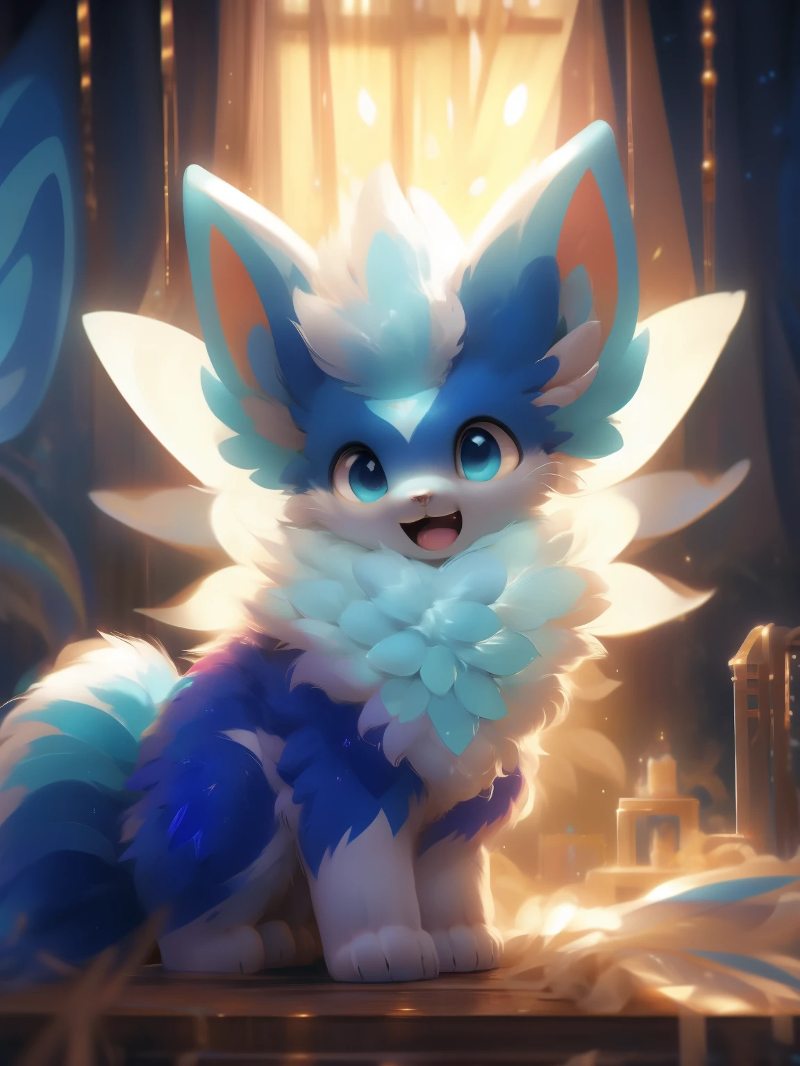 \ (best quality, highres, ultra-detailed), (realistic:1.37), vivid colors, (cyan-themed:1.1) background, fairy cat, blue and white fur, long fluffy tail, open mouth