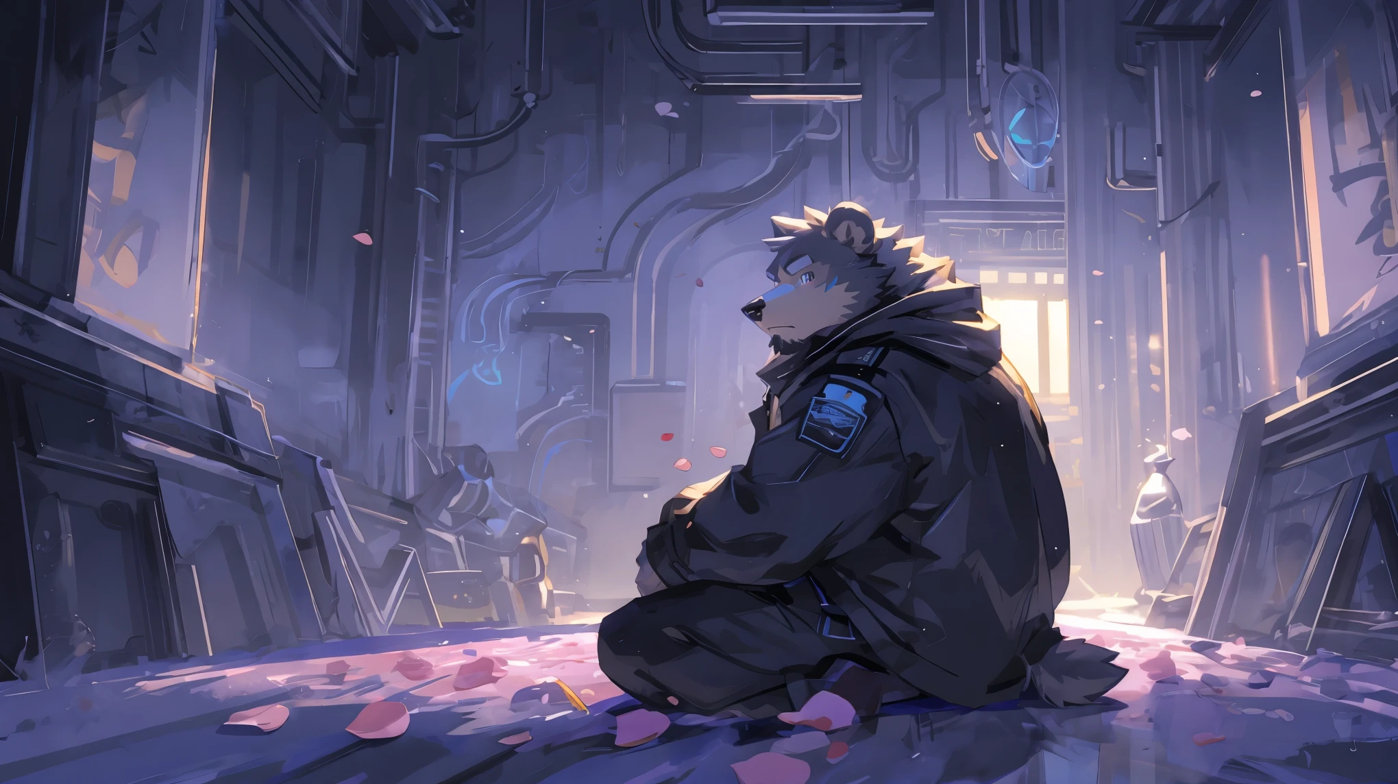 (masterpiece:1.2), best quality,pixiv,official art,(Ray tracing, light), (flower petal in the sky :1.3), (1_male:1.3), (solo:1.2) , portrait , (muscle), (gray fur:1.4), (muscle bear), (bear tail), (beard:1.2), (gleaming golden eyes), Thick eyebrows, cyberpunk, neon light, black vest,white open hoodie, cargo shorts , Salar de Uyuni ,reflection, looking at viewer, full body