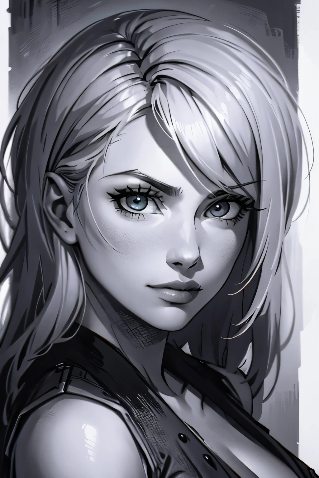 A girl in a mugshot, sketch, black and white, detailed features, vintage style, high contrast lighting, expressive eyes, tousled hair. (best quality, highres, realistic:1.37), vintage, monochrome, intense gaze, dramatic lighting, rugged background, distressed paper texture, retro vibes, id photo, front view