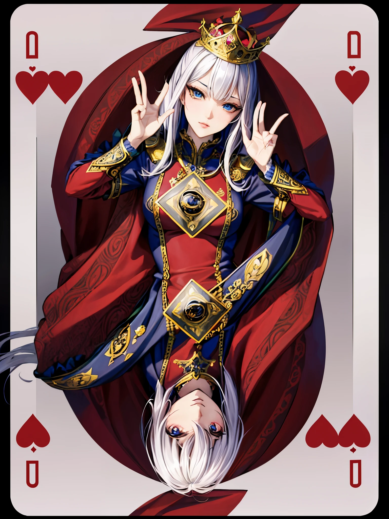 (best quality,4k,8k,highres,masterpiece:1.2),ultra-detailed,(realistic,photorealistic,photo-realistic:1.37),symmetrical design card,Queen of Hearts,card illustration,detailed patterns,rich textures,vibrant colors,shiny metallic accents,ornate crown,intricate border,fine line work,glowing heart-shaped jewel,regal dress,long flowing hair,beautiful detailed eyes,beautiful detailed lips,royal posture,confident expression,intriguing and powerful gaze,powerful and assertive vibe,dark and mysterious background,soft and warm lighting,hypnotic atmosphere