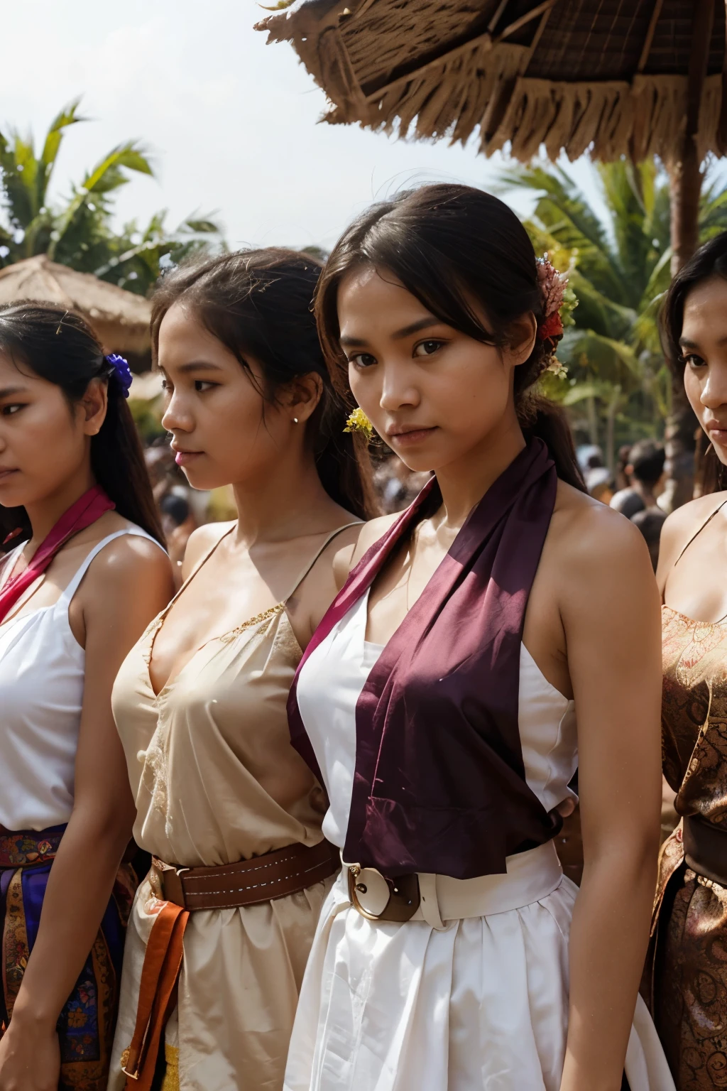 ((Best Quality, 8K, Masterpiece:)), Focus, realistic, A stunning high-resolution, vibrant photograph of 15 old young indonesian girl wear open see through javanese wedding dress, laughing,surrounded by men, multiple men, men embracing her shoulder ,sexy aura, erotic mood,at outdoor wedding party,realistic photo, full body shot,The background is slightly blurred to keep the focus on her, creating a beautiful bokeh effect. soft sunlight filtering through,