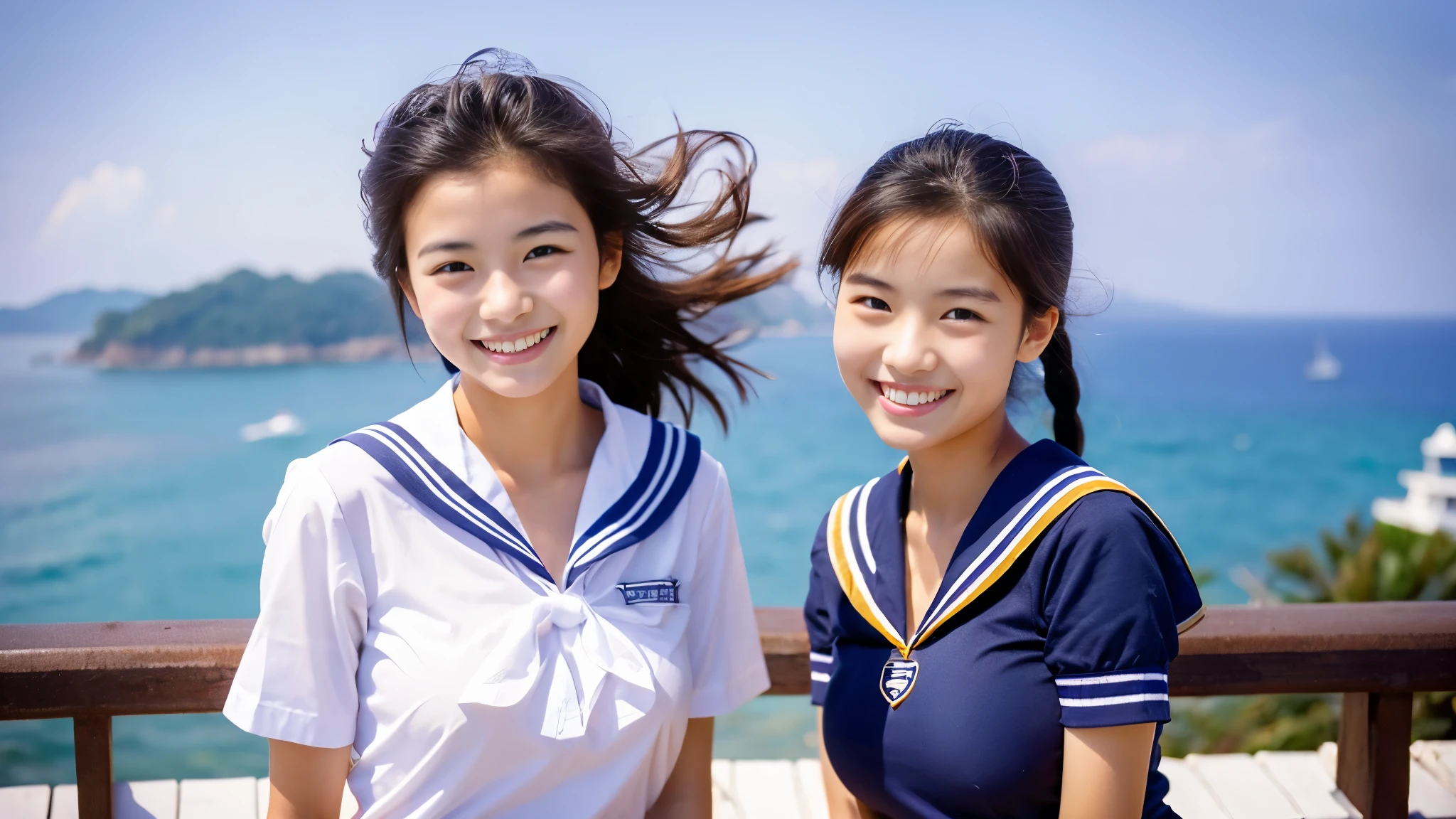 two beautiful women、15 years old 、Upper body、Lady、smile、80mm lens、Highest image quality、small breasts、Are thin、Sailor Shirt、bloomers、luxury hotel