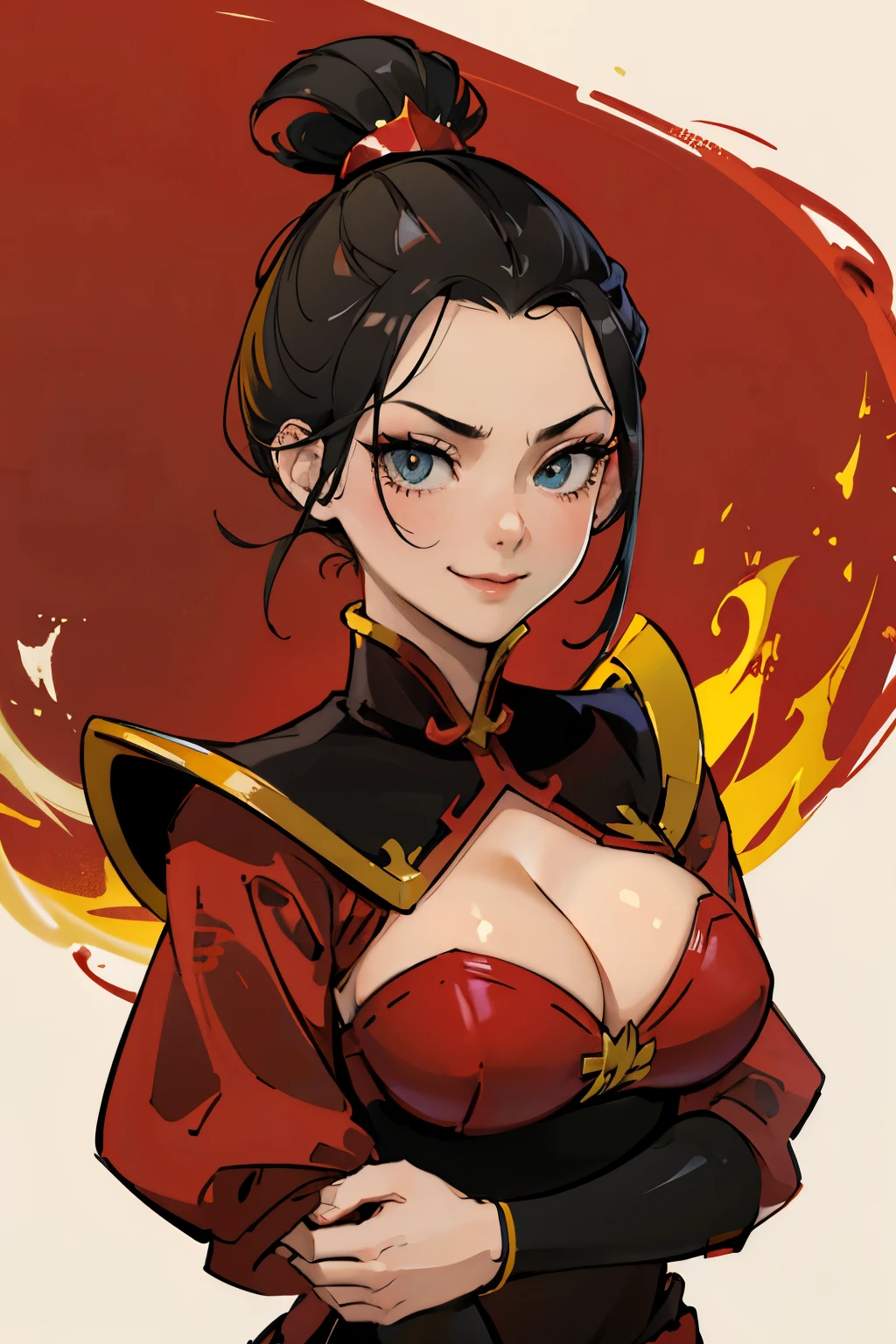 (masterpiece), best quality, expressive eyes, perfect face, busty, cleavage, large breasts, smile, simple red background, azula, hair bun, fire, sexy skimpy armor, plunging neckline