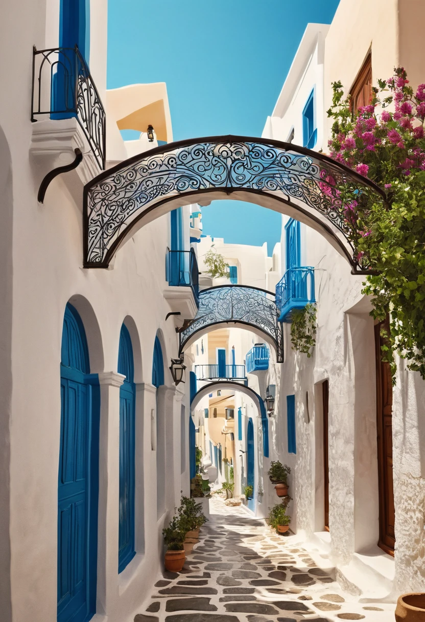 Streets with arches, Greek style, buildings, people, illustration