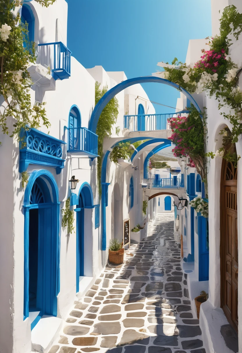 Streets with arches, Greek style, buildings, people, illustration