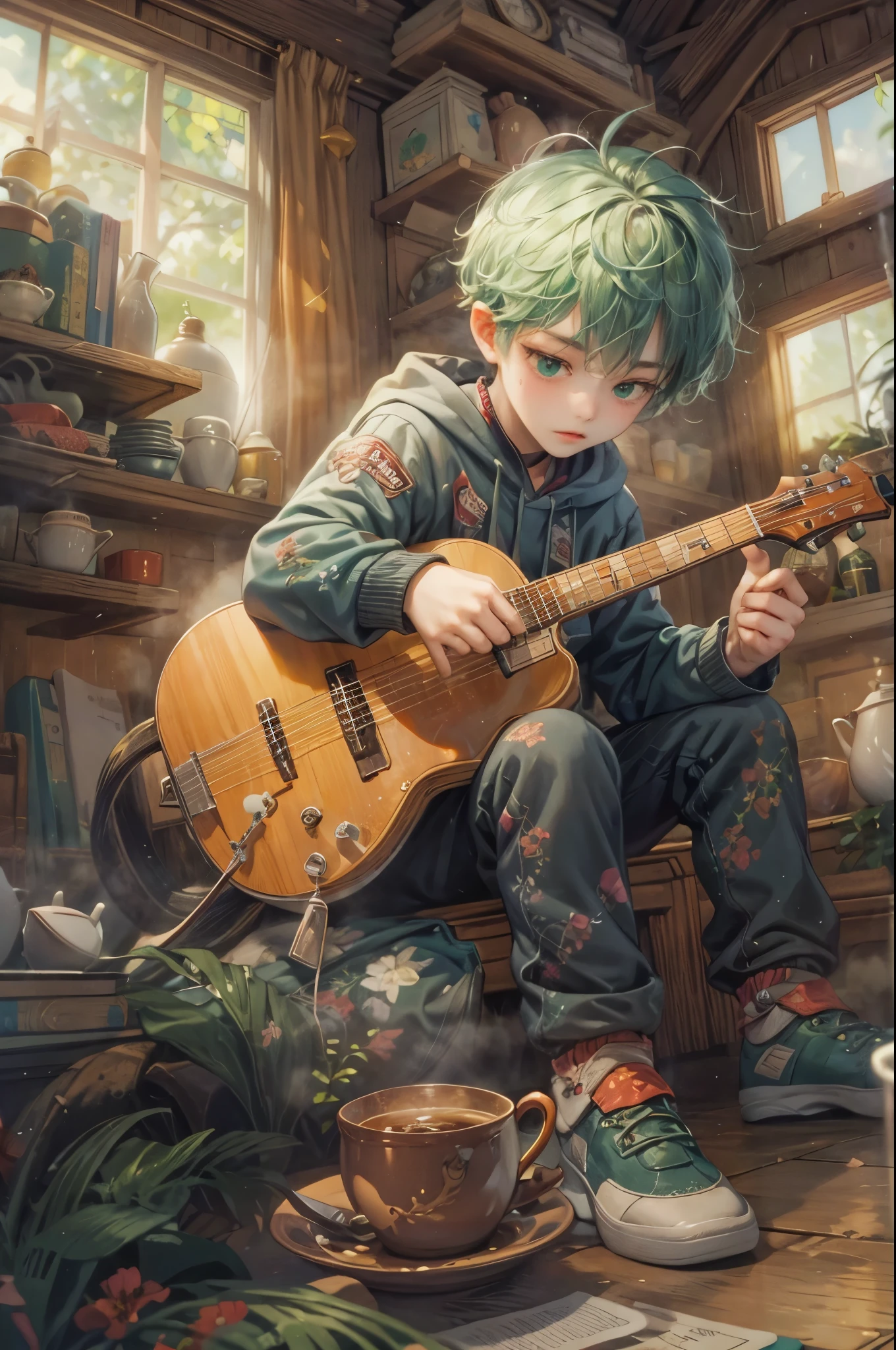 ((Best quality)), ((masterpiece)), (detailed), ((perfect face)), ((halfbody)) handsome young boy artist, green hair, engaging in various activities within his cozy home nestled in a serene forest. Capture moments of his daily life, such as using his smartphone, digital painting, reading, playing a musical instrument, or enjoying a cup of tea, as he explores his creativity and self-discovery, all while surrounded by the warmth and comfort of his sanctuary