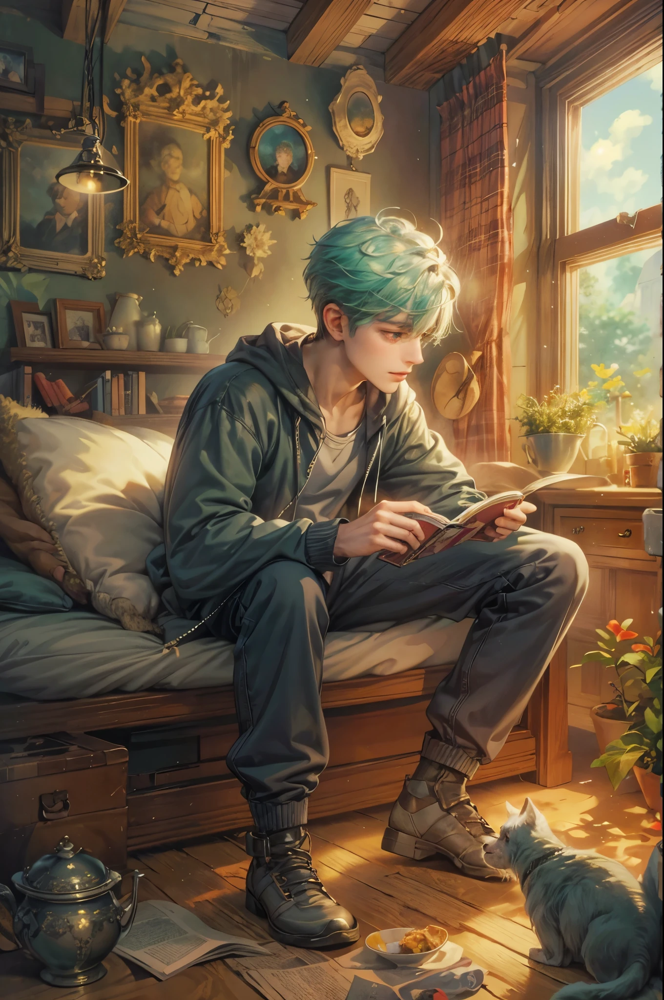 ((Best quality)), ((masterpiece)), (detailed), ((perfect face)), ((halfbody)) handsome young boy artist, green hair, engaging in various activities within his cozy home nestled in a serene forest. Capture moments of his daily life, such as using his smartphone, digital painting, reading, playing a musical instrument, or enjoying a cup of tea, as he explores his creativity and self-discovery, all while surrounded by the warmth and comfort of his sanctuary
