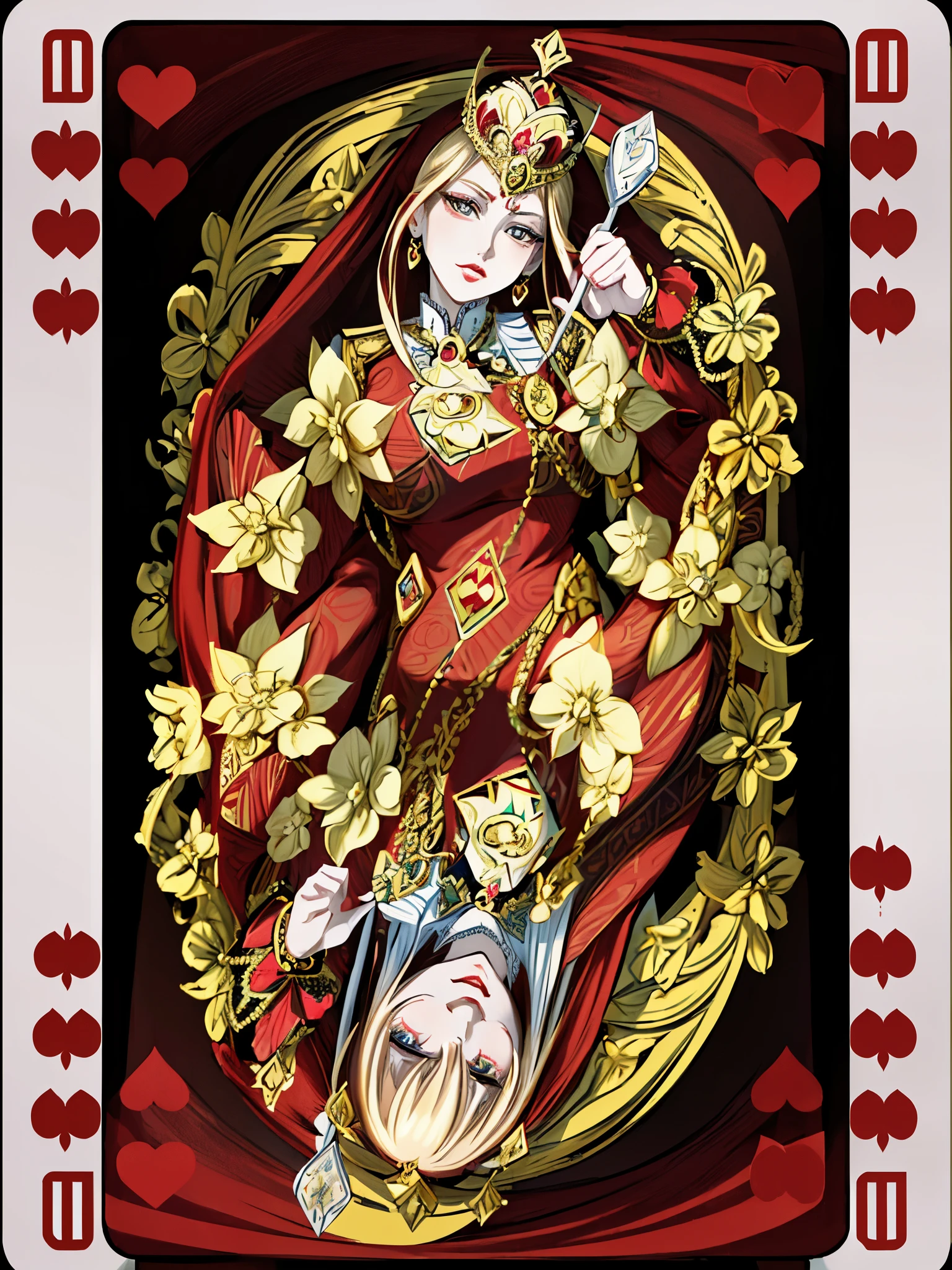 (best quality,ultra-detailed,realistic:1.37),symmetrical design card,Queen of Hearts,playing cards,ornate gold details,elaborate patterns,decorative elements,rich colors,regal queen,beautiful face,detailed eyes,rosy cheeks,red lips,crown adorned with hearts,scepter in hand,opulent background,velvet curtains,royal throne,soft lighting,royal atmosphere