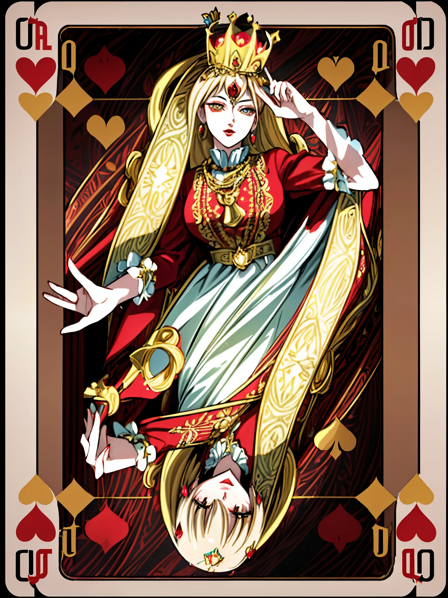 (best quality,ultra-detailed,realistic:1.37),symmetrical design card,Queen of Hearts,playing cards,ornate gold details,elaborate patterns,decorative elements,rich colors,regal queen,beautiful face,detailed eyes,rosy cheeks,red lips,crown adorned with hearts,scepter in hand,opulent background,velvet curtains,royal throne,soft lighting,royal atmosphere