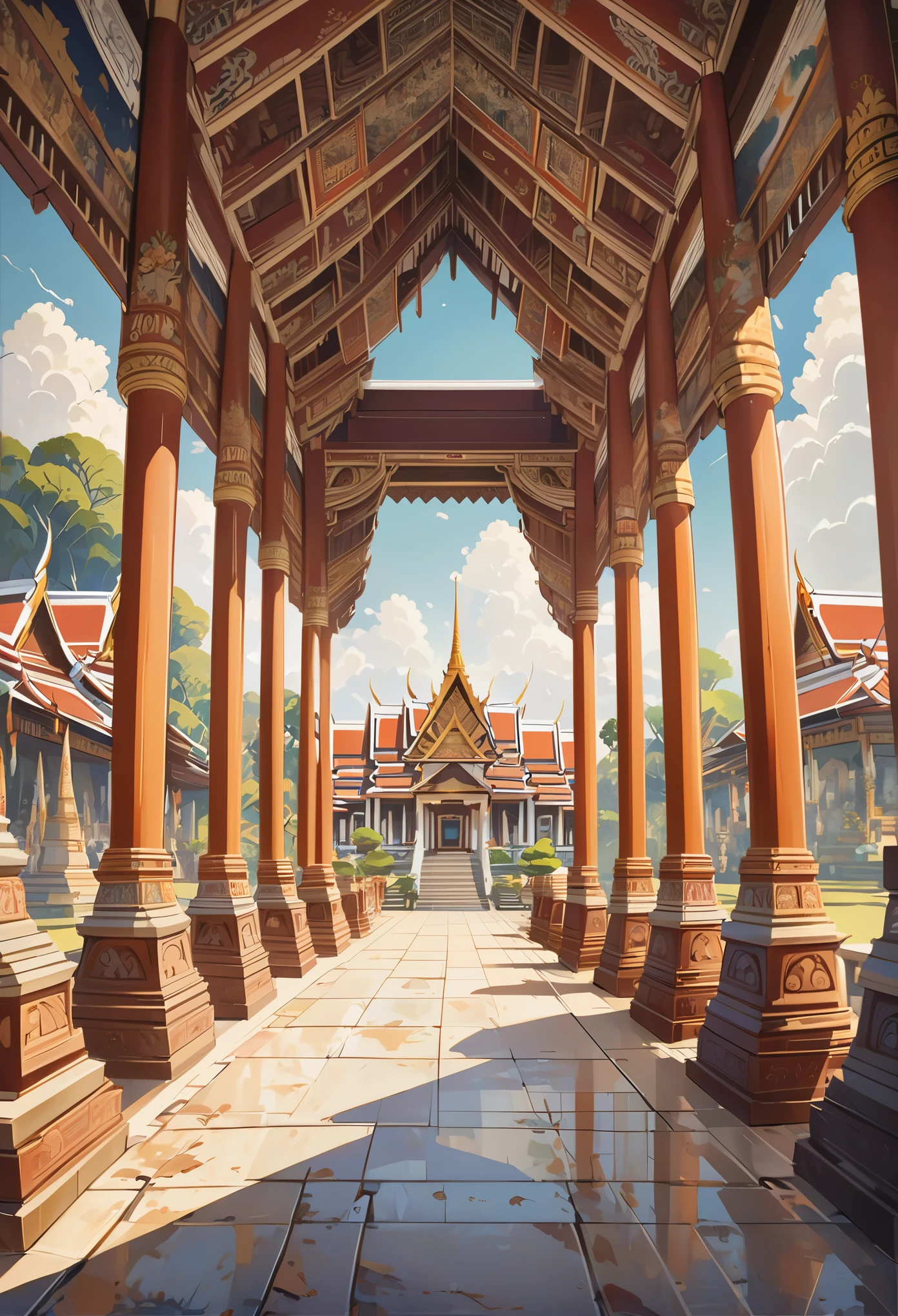 Thai architecture 2D , Faded image ,vintage color, fresco painting, lined up, Very high quality work , Very high detail , There are many different types combined. , Animation, 4K, Perspective, vintage style , Thailand