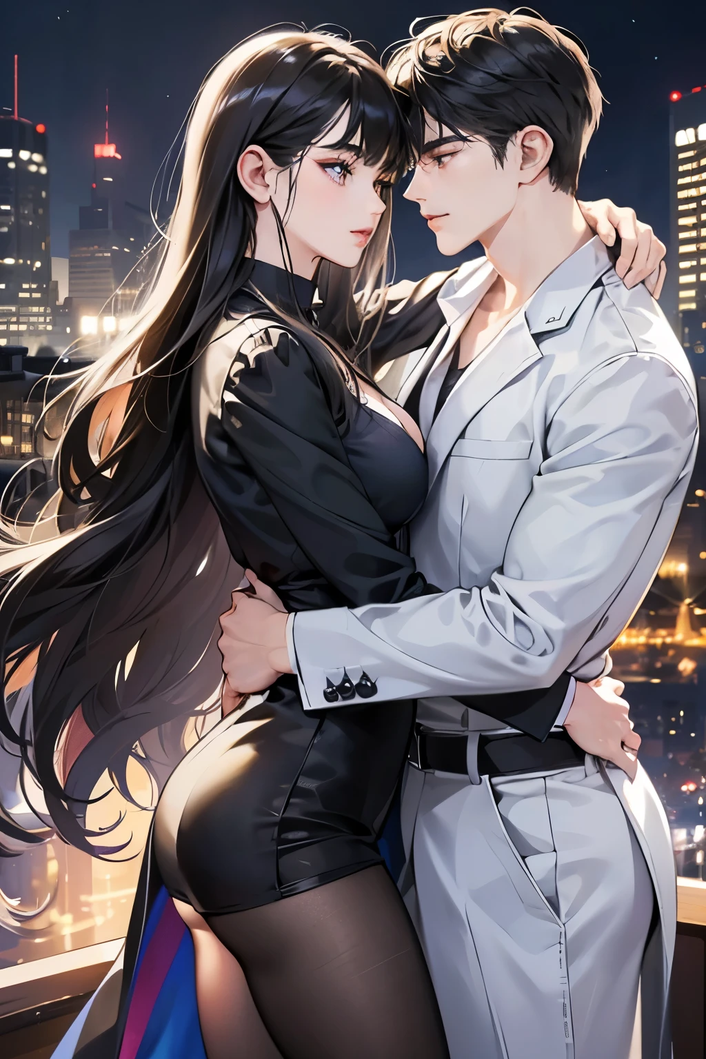 (table top, digital art, digital illustration, 4k, 8k, super detailed, beautiful images, clear image, realistic, RAW photo, perfect face, perfect lines, perfect eyes, soft lighting) 1 female, (long black hair,straight hair,bullish look,Beautiful woman,suit,solid makeup,small breasts、23 year old female,:1.3),secretary, suitを着たハンサムな男性 2 人, (human,suitを着た男,muscular,solid shoulder width, human,boyish hairstyle,british gentleman's style,A man in his 30s with a cool expression,28 year old man with a bright smile:1.2),Moonlight night、City of night、Moon and light、illumination、couple、coupleキス、romance、romanceポルノ、look at each other、hug each other