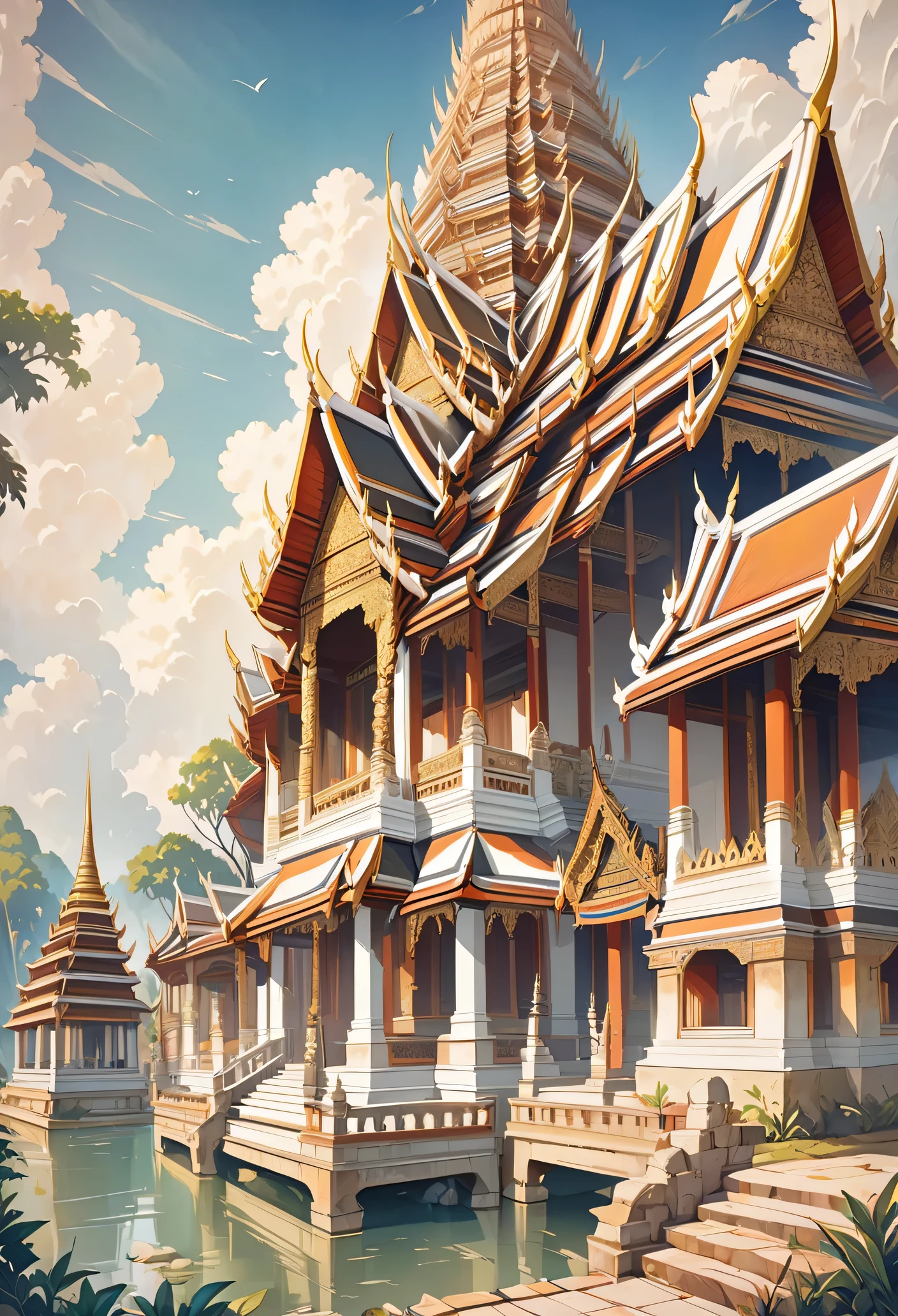Thai architecture 2D , faded picture ,vintage color, fresco painting, lined, Very high quality work , Very high detail , There are many types combined.. , Animation, 4k, attitude, vintage style , Thailand