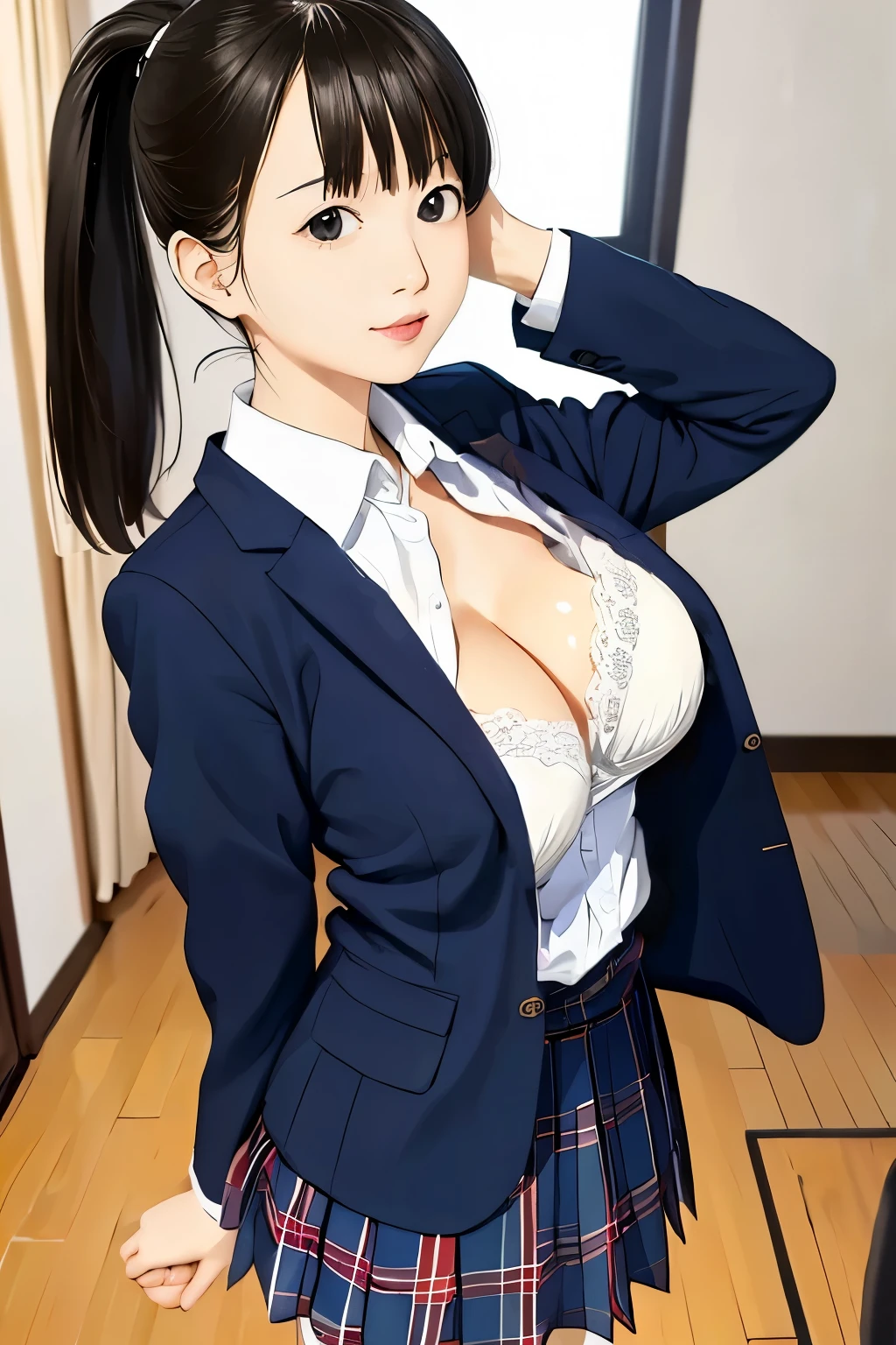 ((saggy breast,large areola),(expose breast,breast out)),(detailed skin),(school uniform blouse),(white bra),(cute,kawaii,masterpiece),(cleavage:0.5)