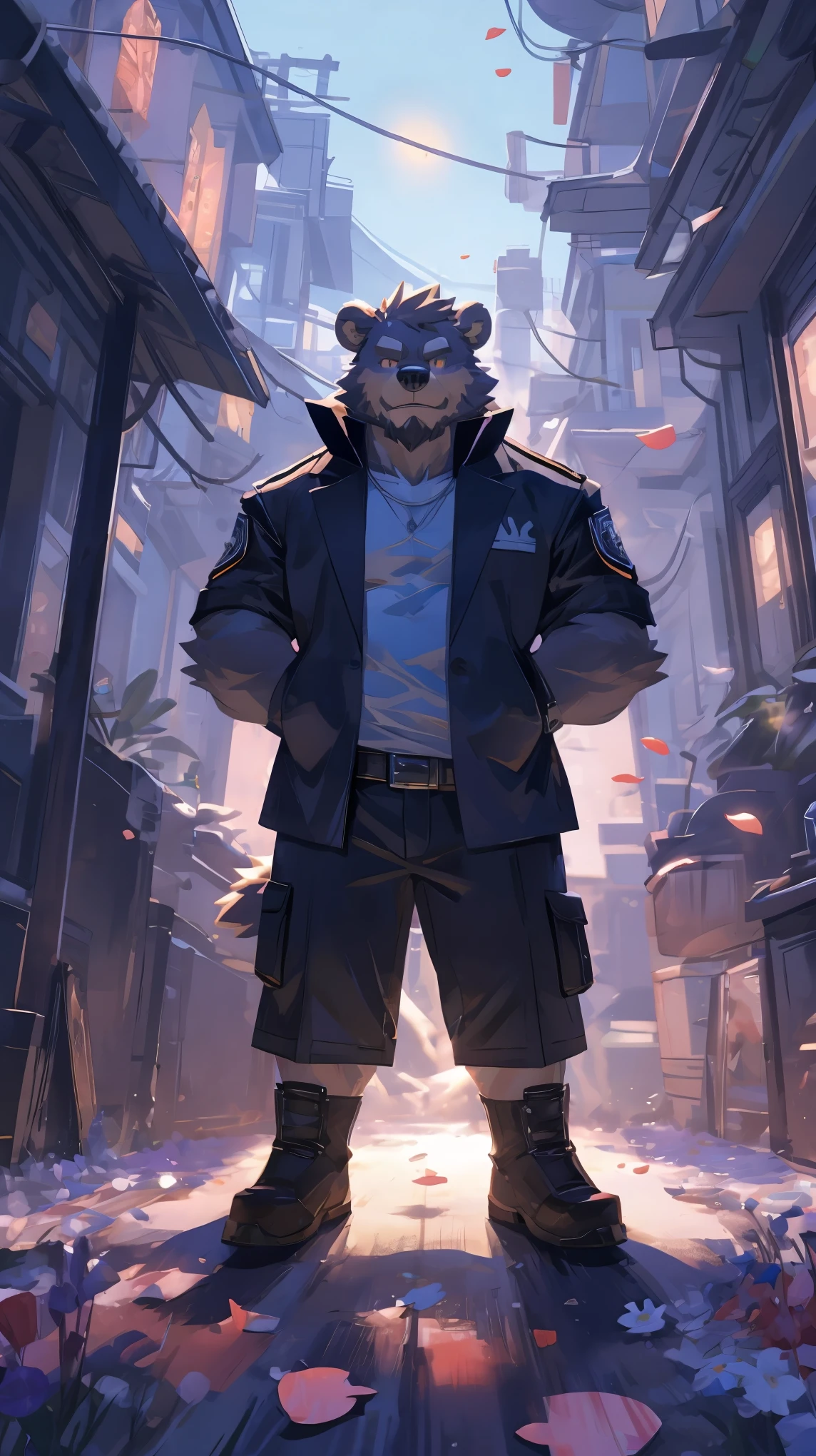 (masterpiece:1.2), best quality,pixiv,official art,(Ray tracing, light), (flower petal in the sky :1.3), (1_male:1.3), (solo:1.2) , portrait , (muscle), (gray fur:1.4), (muscle bear), (bear tail), (beard:1.2), (gleaming golden eyes), Thick eyebrows, cyberpunk, neon light, black vest,white open hoodie, cargo shorts , Salar de Uyuni ,reflection, looking at viewer, full body