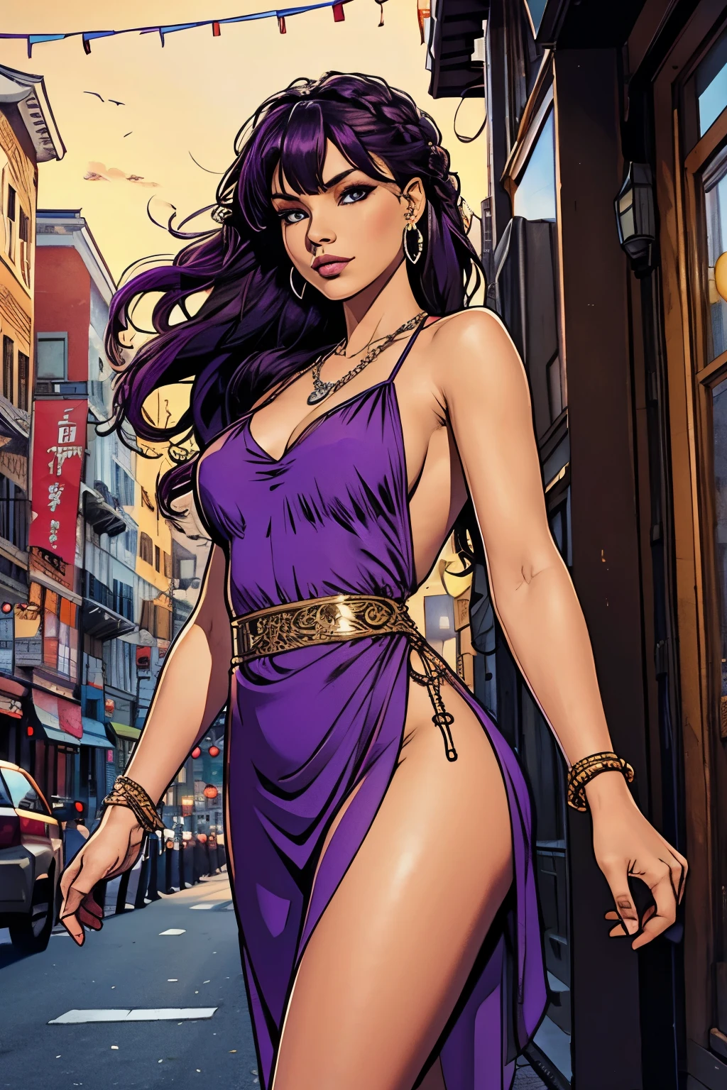 masterpiece, best quality, ultra high res,photon mapping,best shadow,portrait,beauty detail,ultra high detail,long purple hair,single braid,blunt bangs,medium breasts,city,chinatown,downtown,see through, short dress, low cut:2, hair ornament, earrings, necklace, portrait, silver dress:2, looking at viewer,solo,professional light, detailed skin,