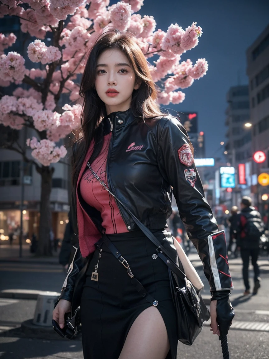 Complex 3d rendering Very detailed beautiful ceramic silhouette female face, Standing behind is a giant cherry blossom pink mecha warrior, Robot parts, 150mm, future battlefield, Edge light, Vibrant details, Luxury Cyberpunk, lace, surreality anatomy, facial muscles, Cable, Microchips, elegant, Beautiful background, octane rendering, hr jig style, 8k, best quality, masterpiece, illustration, Very delicate and beautiful, Very detailed, CG, Unite, wallpaper, (realism, Fidelity: 1.37), Astonishing, fine details, masterpiece, best quality, official art, Very detailed CG Unite 8k wallpaper, , whole body, The overall style is very domineering,