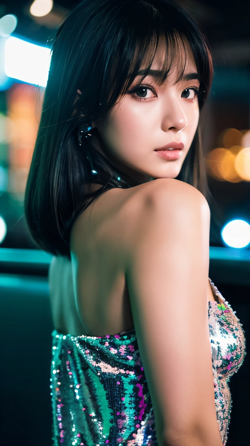 indosugu nr_v1.0, (sharp focus: 1.5), (sharp focus:1.2), photograph, attractive young woman, (beautiful face:1.1), fine eyes, luscious lips, (natural makeup:0.85), (medium breasts:1.0), ( body:1.2), wearing (sequin dress:1.2) in (night club:1.2). (moody lighting:1.2), Depth of the bounds written, Bokeh, 4k, HDR. by (james c. Christensen:1.2|Jeremy Lipking:1.1).,cyber punk