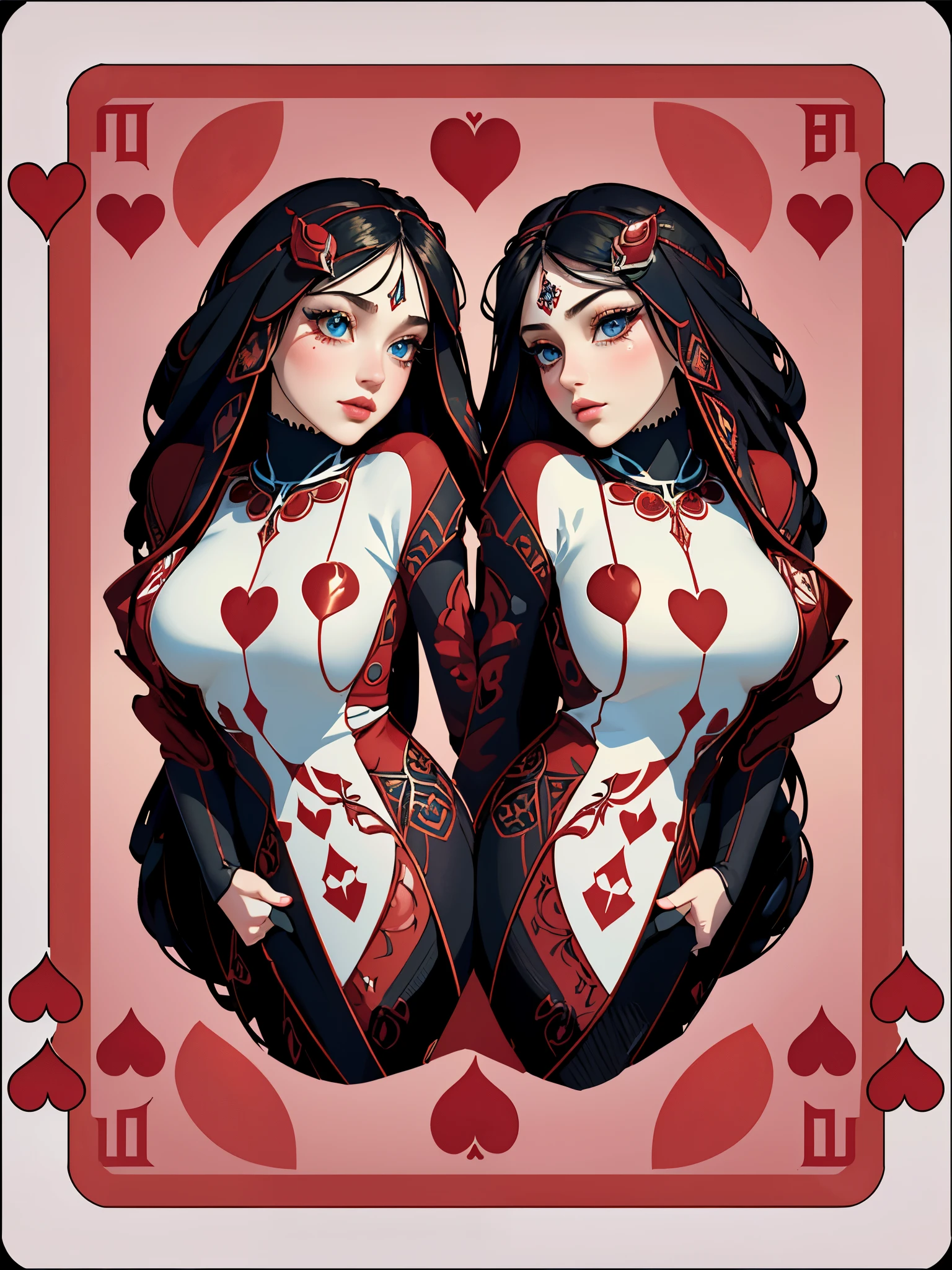 (symmetrical design card,portrait,beautiful detailed eyes,beautiful detailed lips,extremely detailed eyes and face,longeyelashes,illustration,highres,ultra-detailed,realistic:1.37,studio lighting,vivid colors,deep red,hearts motifs,symmetric patterns,regal atmosphere)