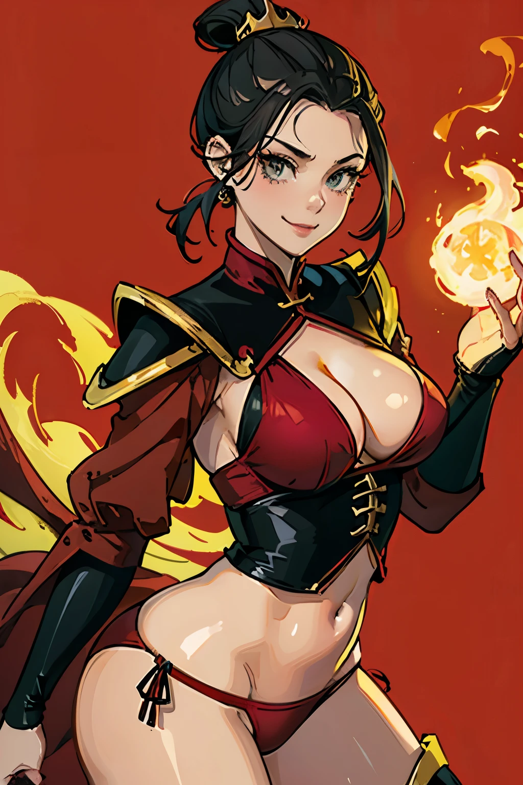(masterpiece), best quality, expressive eyes, perfect face, busty, cleavage, large breasts, smile, simple red background, azula, hair bun, fire, sexy skimpy armor, plunging neckline, thong