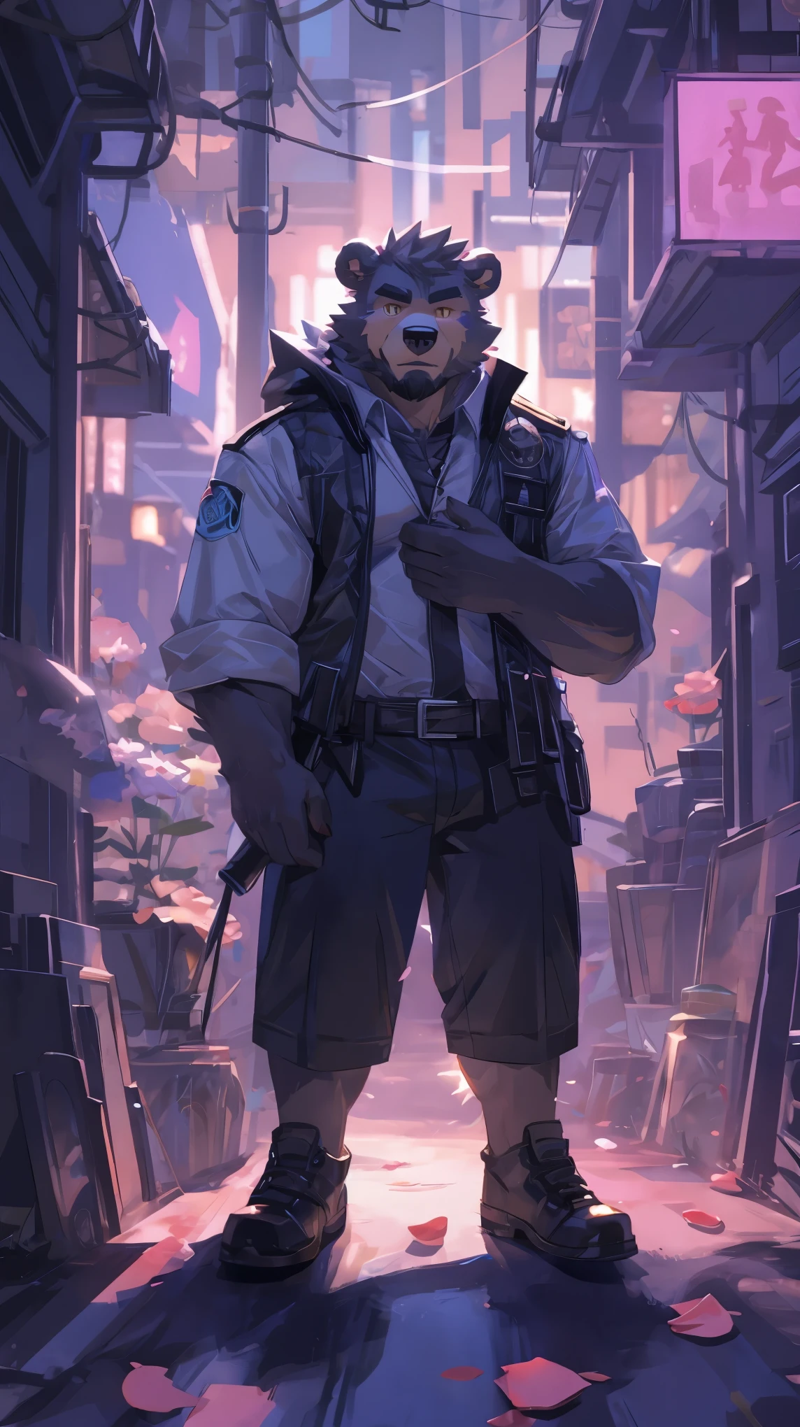 (masterpiece:1.2), best quality,pixiv,official art,(Ray tracing, light), (flower petal in the sky :1.3), (1_male:1.3), (solo:1.2) , portrait , (muscle), (gray fur:1.4), (muscle bear), (bear tail), (beard:1.2), (gleaming golden eyes), Thick eyebrows, cyberpunk, neon light, black vest,white open hoodie, cargo shorts , Salar de Uyuni ,reflection, looking at viewer, full body