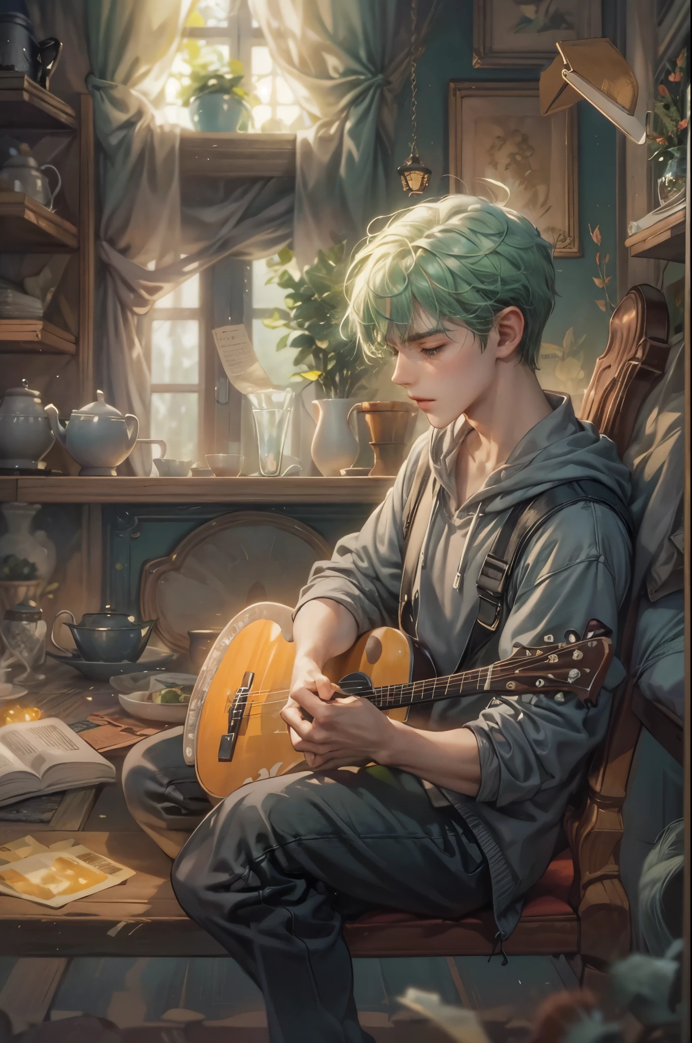 ((Best quality)), ((masterpiece)), (detailed), ((perfect face)), ((halfbody)) handsome young boy artist, green hair, engaging in various activities within his cozy home nestled in a serene forest. Capture moments of his daily life, such as using his smartphone, digital painting, reading, playing a musical instrument, or enjoying a cup of tea, as he explores his creativity and self-discovery, all while surrounded by the warmth and comfort of his sanctuary