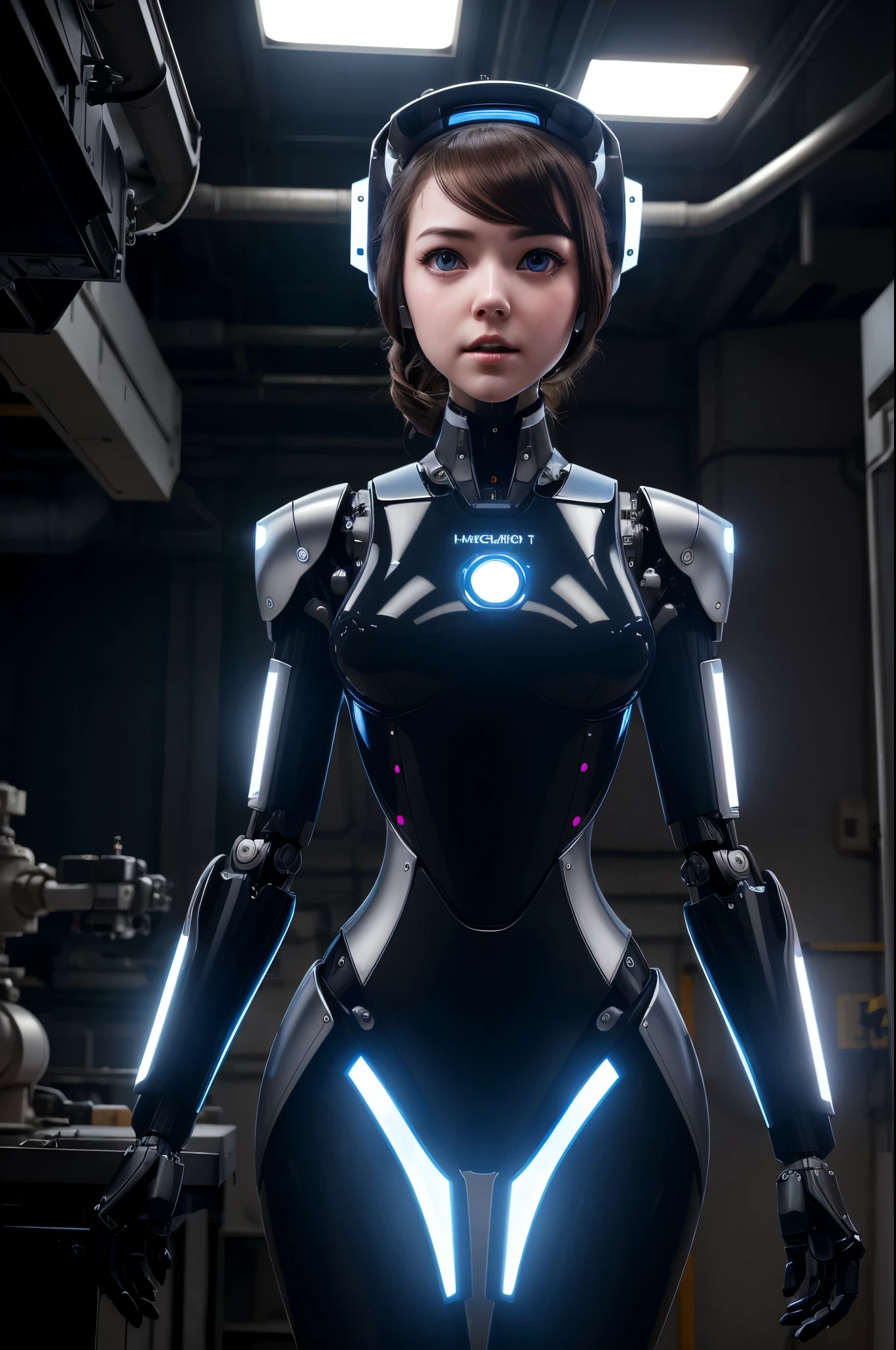 A robot maid reports for inspection, she is perfectly symmetrical. backlit eyes, plastic formed hair, obvious mechanical limbs, human face, maid outfit, factory setting