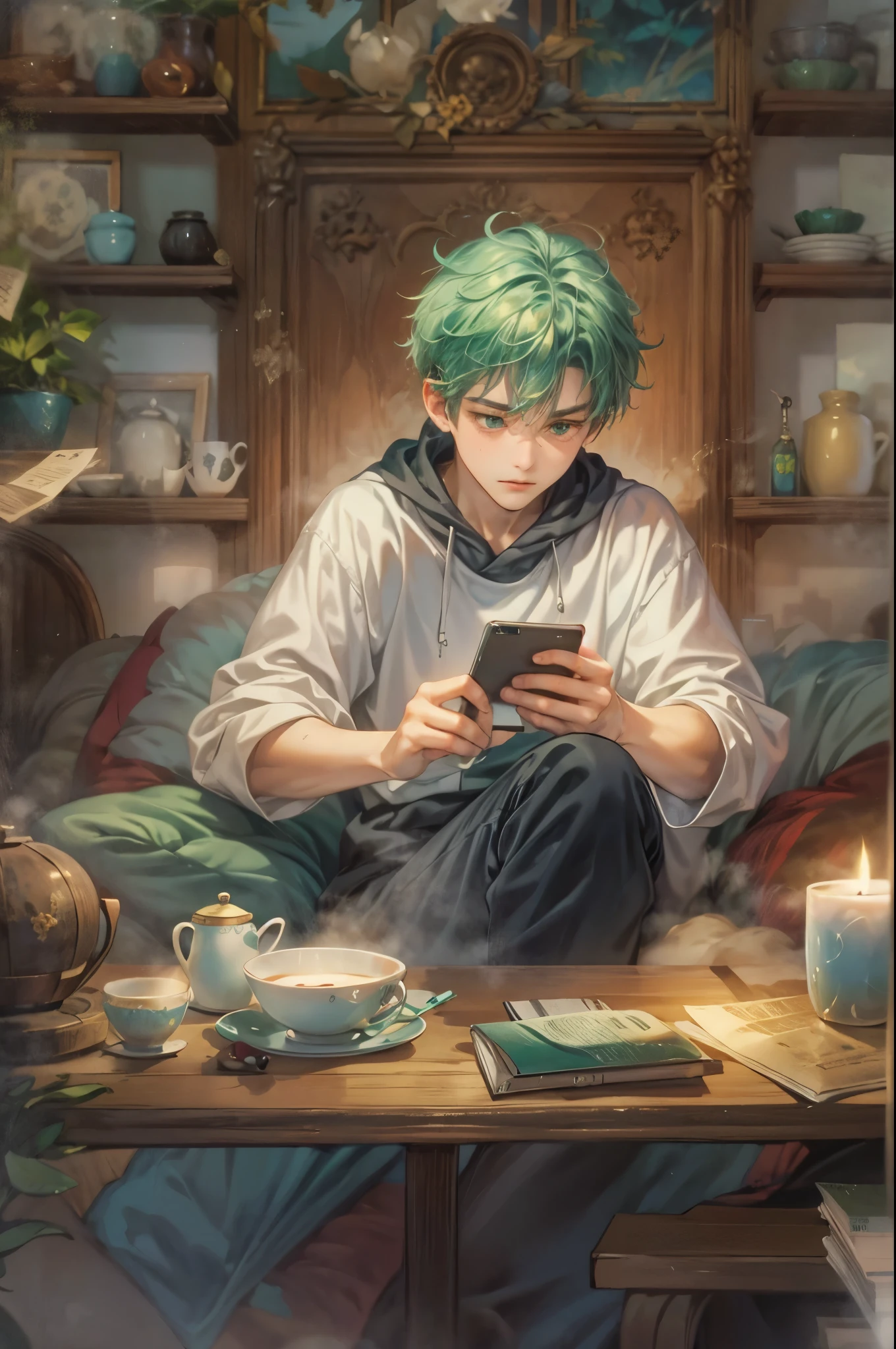 ((Best quality)), ((masterpiece)), (detailed), ((perfect face)), ((halfbody)) handsome young boy artist, green hair, engaging in various activities within his cozy home nestled in a serene forest. Capture moments of his daily life, such as using his smartphone, digital painting, reading, playing a musical instrument, or enjoying a cup of tea, as he explores his creativity and self-discovery, all while surrounded by the warmth and comfort of his sanctuary