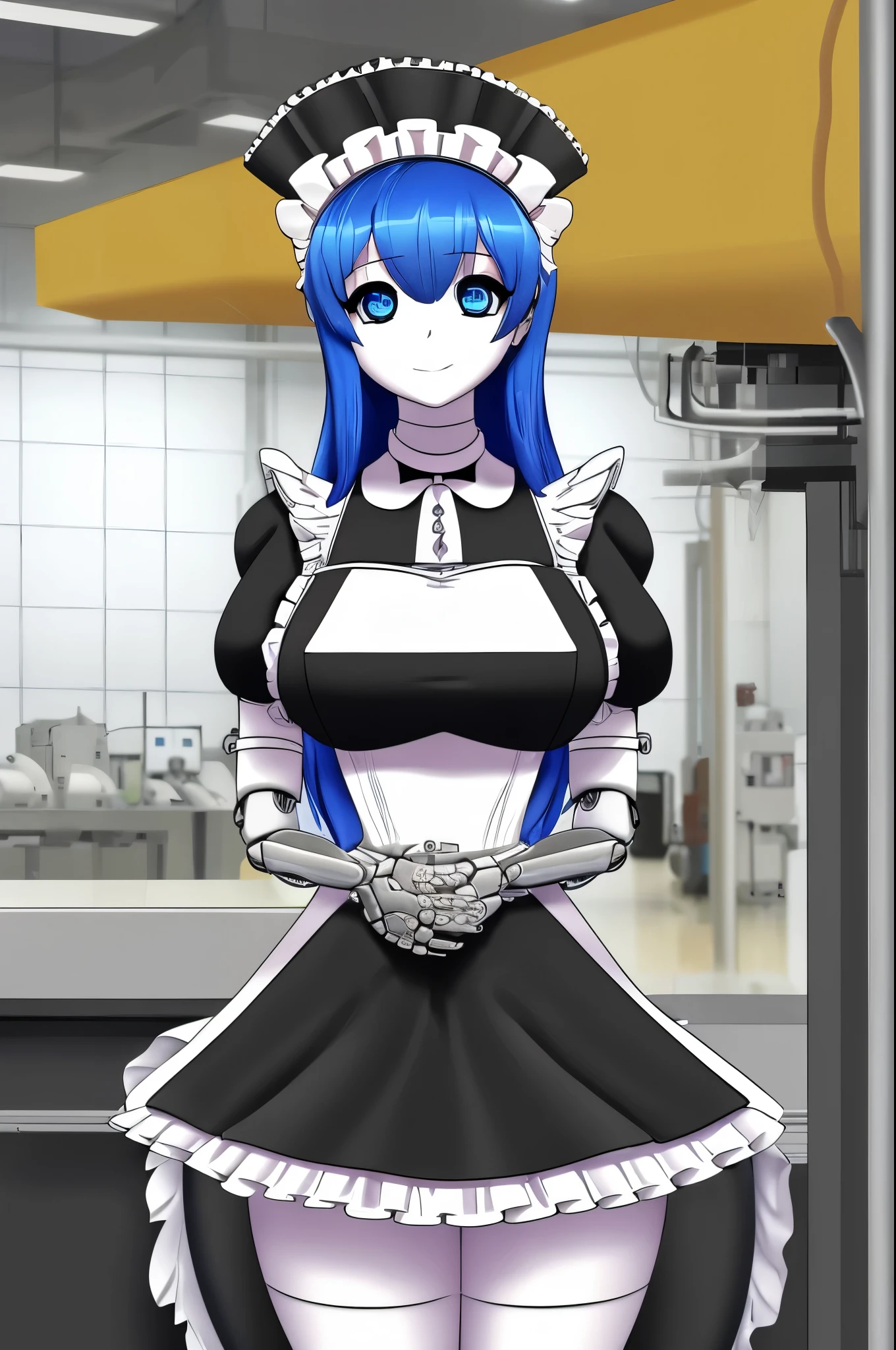 A robot maid reports for inspection, she is perfectly symmetrical. backlit eyes, plastic formed hair, obvious mechanical limbs, human face, maid outfit, factory setting