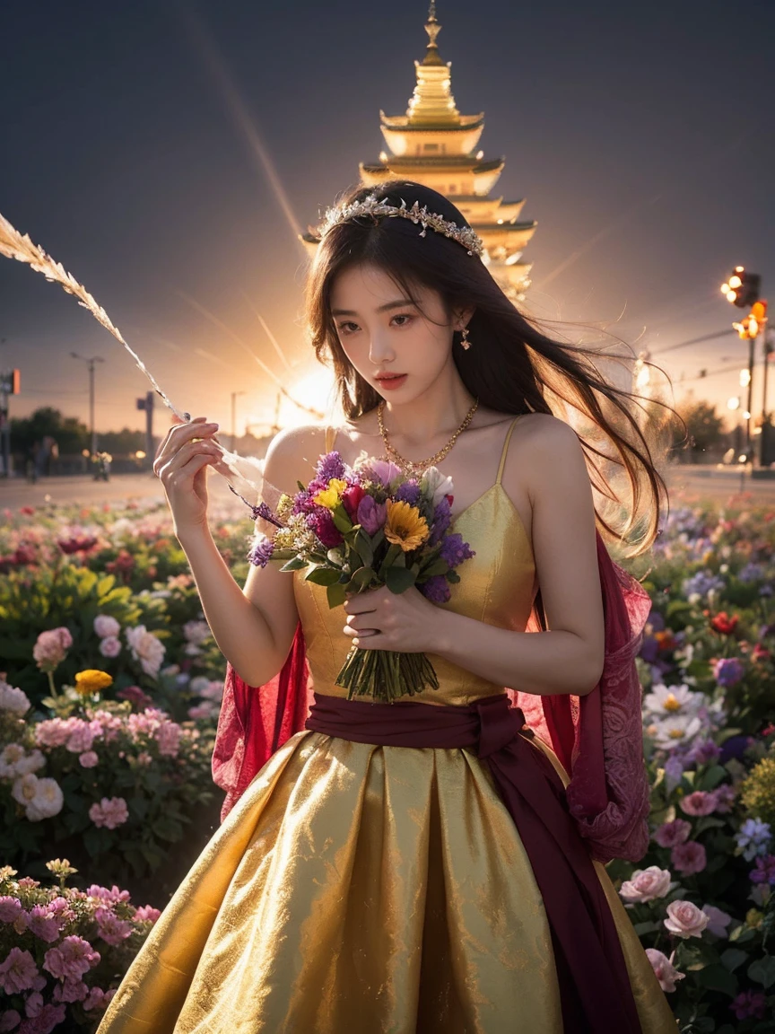 official art, unified 8k wallpaper, Super detailed, beautiful beauty, beautiful, masterpiece, best quality, (ztwist, mandala, , twist), (ecstasy of flowers: 1.2) dynamic angle, Cowboy shooting, The most beautiful form of chaos, grace, brutalist design, bright colors, , atmosphere, Golden Crow, sun god, merit, fire,