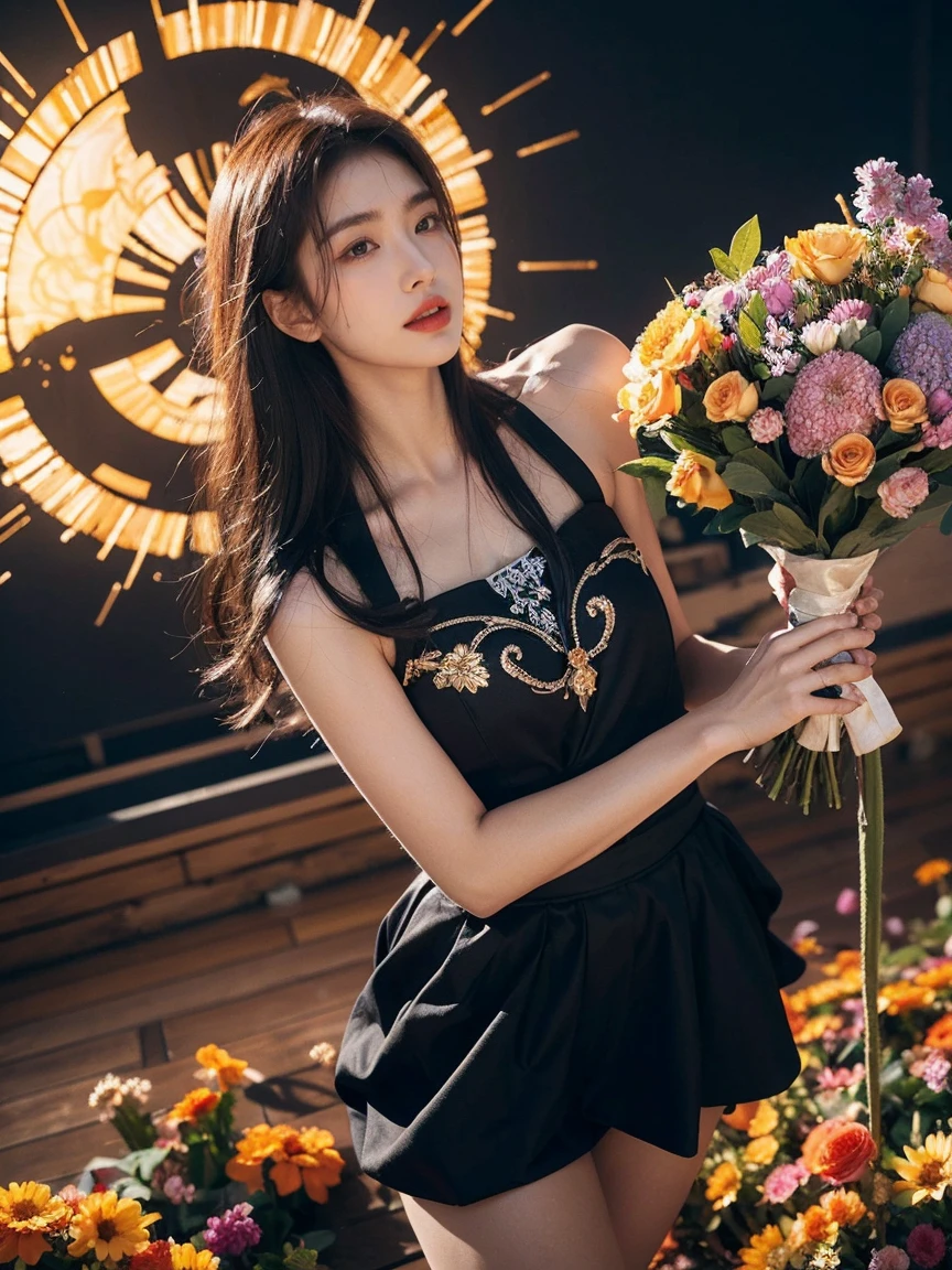 official art, unified 8k wallpaper, Super detailed, beautiful beauty, beautiful, masterpiece, best quality, (ztwist, mandala, , twist), (ecstasy of flowers: 1.2) dynamic angle, Cowboy shooting, The most beautiful form of chaos, grace, brutalist design, bright colors, , atmosphere, Golden Crow, sun god, merit, fire,
