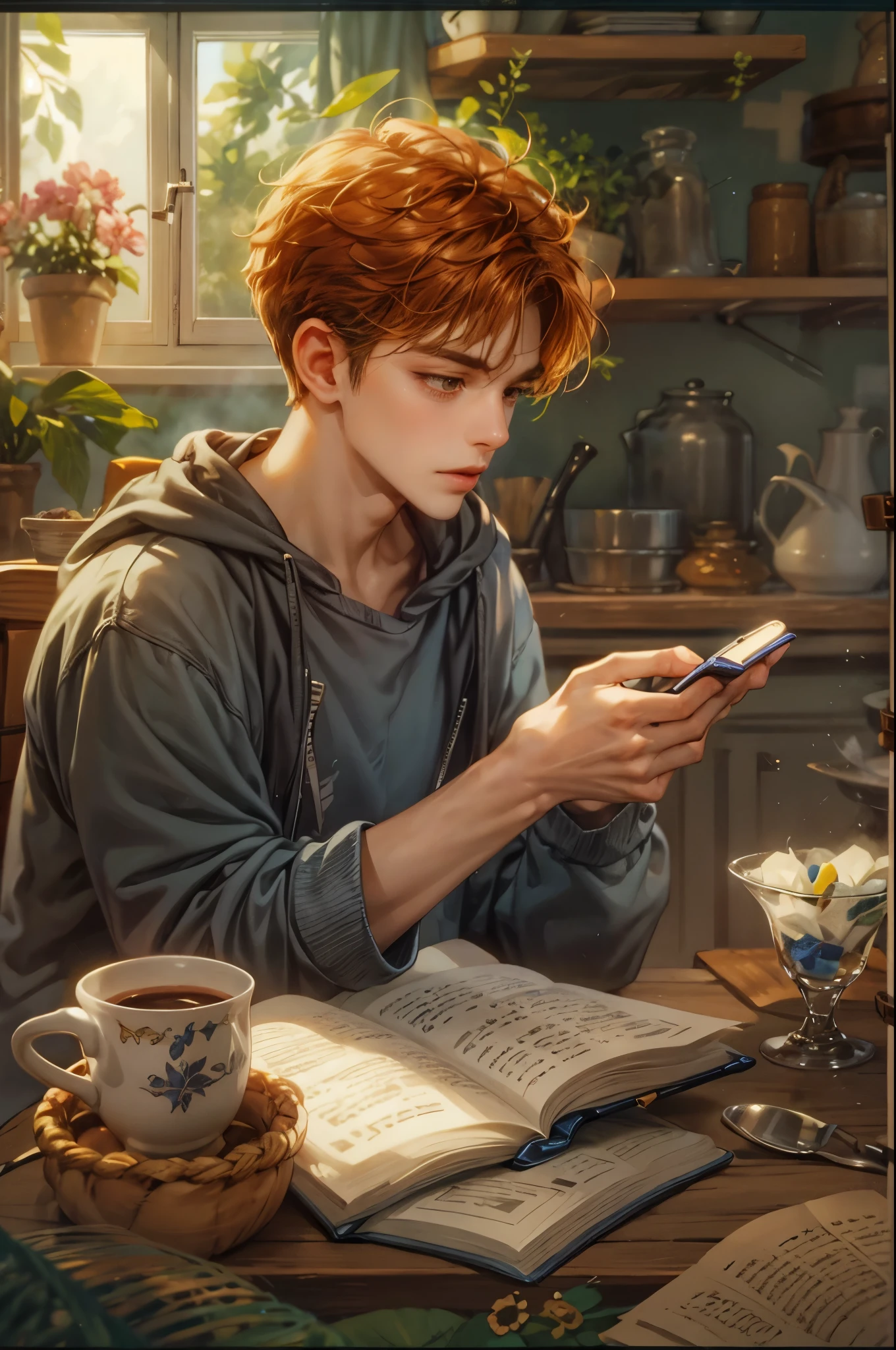 ((Best quality)), ((masterpiece)), (detailed), ((perfect face)), ((halfbody)) handsome young boy artist, red hair, engaging in various activities within his cozy home nestled in a serene forest. Capture moments of his daily life, such as playing ps5, using his smartphone, digital painting, reading, playing a musical instrument, or enjoying a cup of tea, as he explores his creativity and self-discovery, all while surrounded by the warmth and comfort of his sanctuary