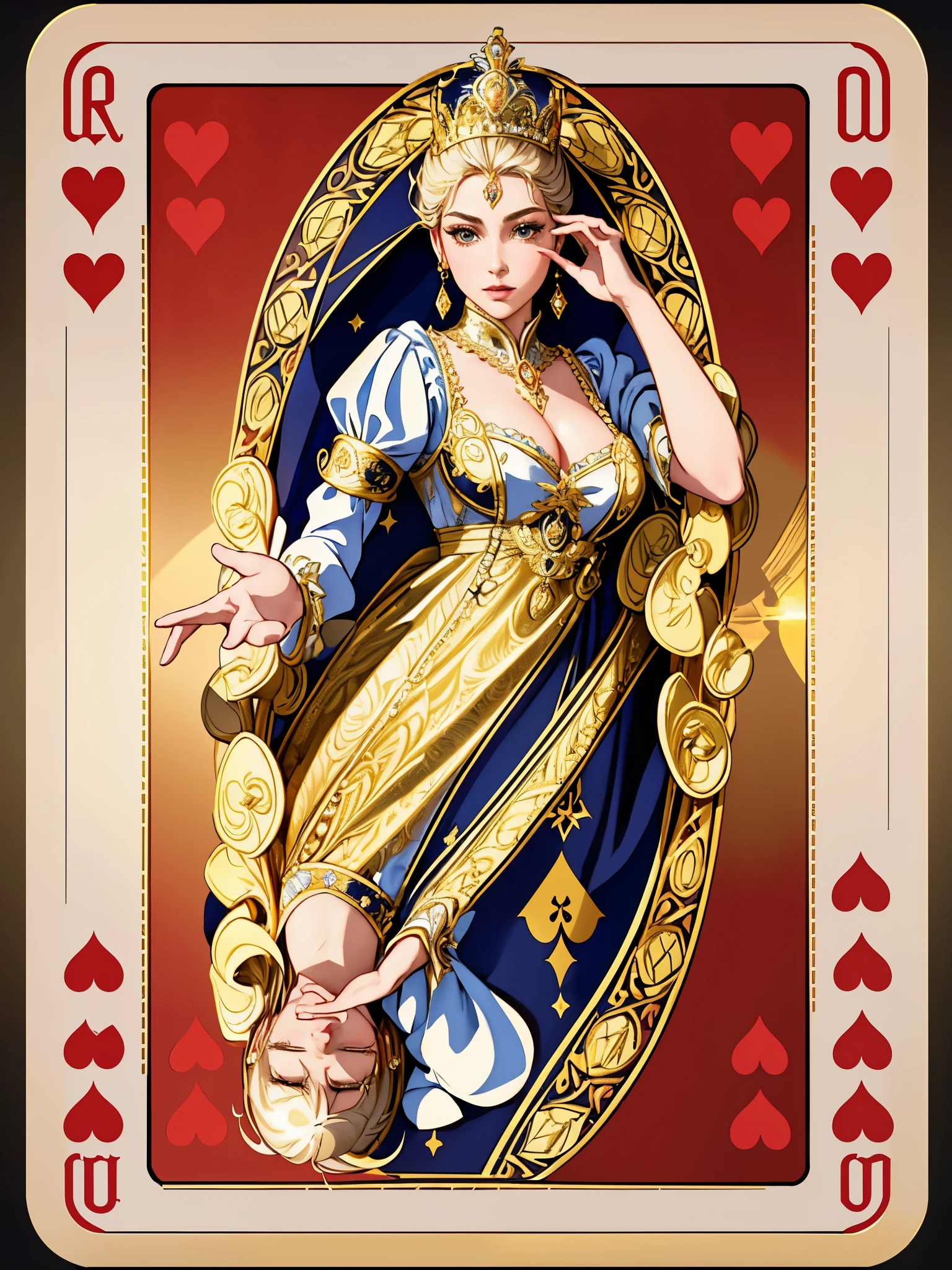 (best quality,4k,8k,highres,masterpiece:1.2),ultra-detailed,(realistic,photorealistic,photo-realistic:1.37),symmetrical design card,Queen of Hearts,artistic portrait,meticulously crafted details,rich and vibrant colors,gold foil embellishments,ornate patterns,delicate lace motifs,sophisticated and elegant,playing card elements,heart-shaped motifs,royal crown,wispy curls of hair,sparkling diamond earrings,regal attire,fine silk fabric,shimmering metallic accents,intricate engraving,finely embossed texture,faint vintage texture,romantic lighting,soft shadows,subtle reflection in the eyes