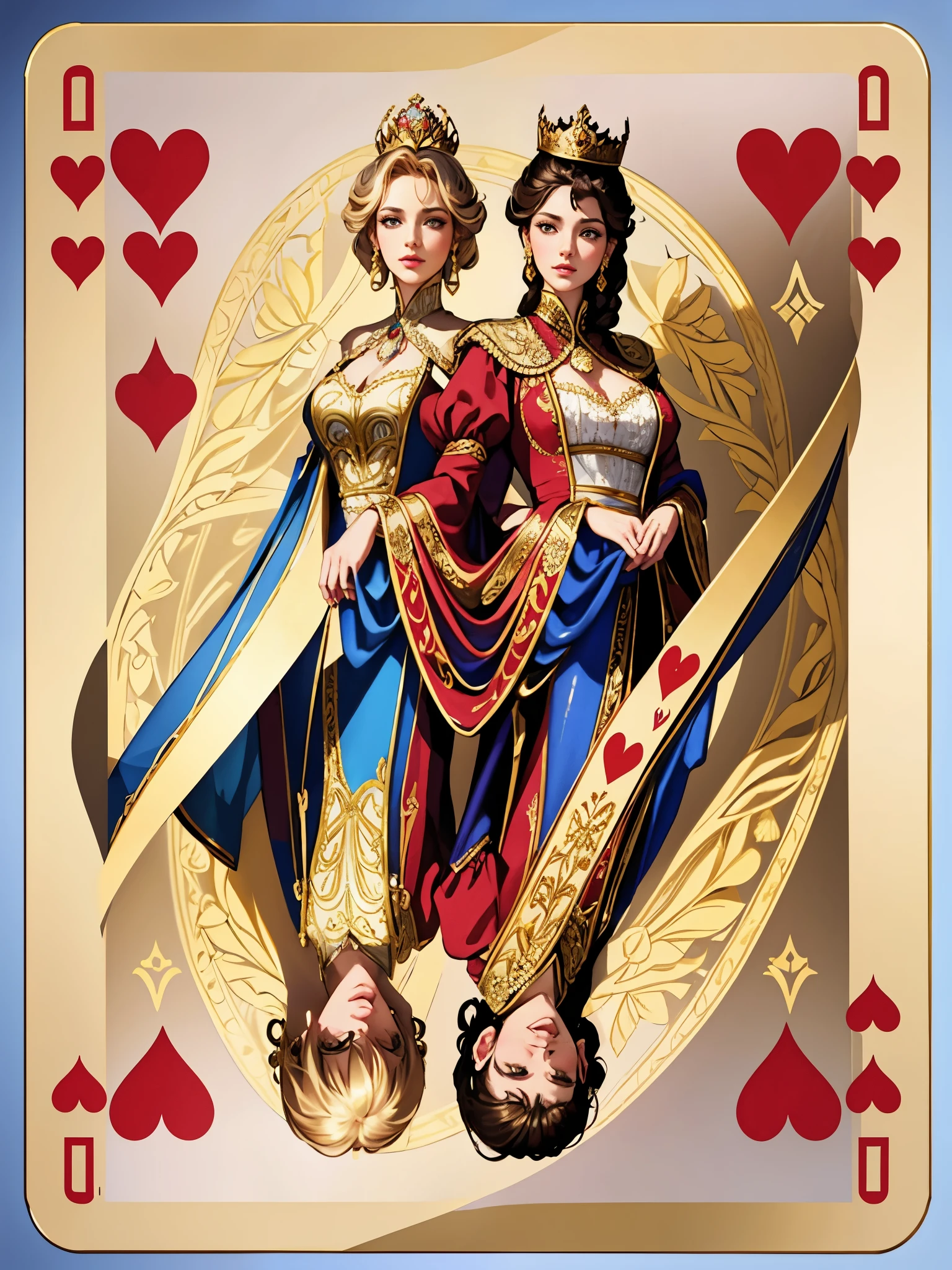 (best quality,4k,8k,highres,masterpiece:1.2),ultra-detailed,(realistic,photorealistic,photo-realistic:1.37),symmetrical design card,Queen of Hearts,artistic portrait,meticulously crafted details,rich and vibrant colors,gold foil embellishments,ornate patterns,delicate lace motifs,sophisticated and elegant,playing card elements,heart-shaped motifs,royal crown,wispy curls of hair,sparkling diamond earrings,regal attire,fine silk fabric,shimmering metallic accents,intricate engraving,finely embossed texture,faint vintage texture,romantic lighting,soft shadows,subtle reflection in the eyes