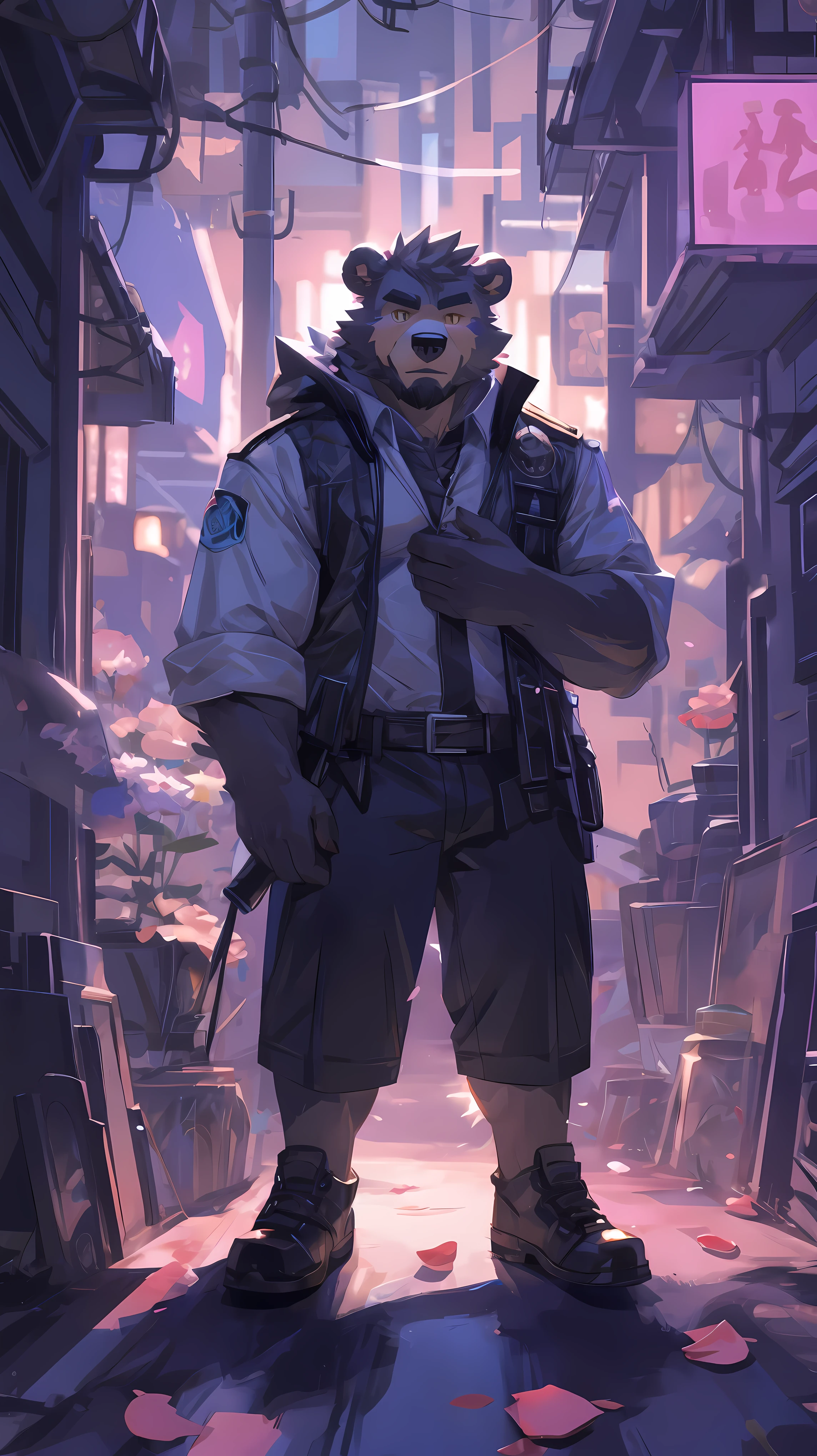 (masterpiece:1.2), best quality,pixiv,official art,(Light线追踪, Light), (Petals in the sky :1.3), (1_male:1.3), (alone:1.2) , portrait , (muscle), (gray fur:1.4), (muscle bear), (bear tail), (beard:1.2), (闪闪发Light的金色眼睛), thick eyebrows, cyberpunk, neon Light, black vest,White open hoodie, cargo shorts , Salar de Uyuni ,reflection, looking at the audience, whole body