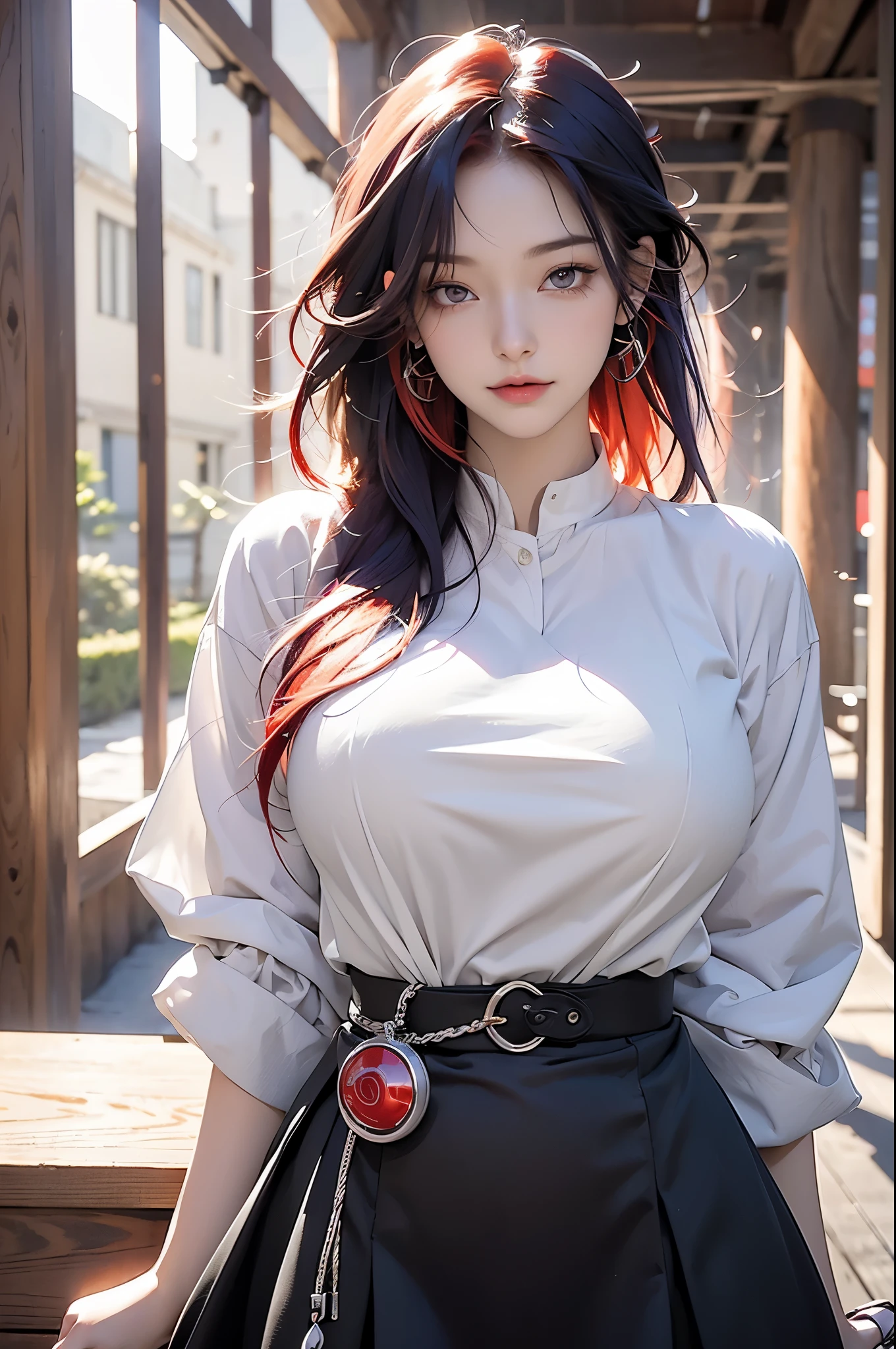 masterpiece, best quality, high resolution, 1 girl, colored hair, hair covering one eye, Red hair, multicoloRed hair, long hair, purple eyes, bicolor hair, hair ring, earphone, white hair, , Bangs, very long hair, medium breasts, black skirt,(huge breasts:1.2),wet skin