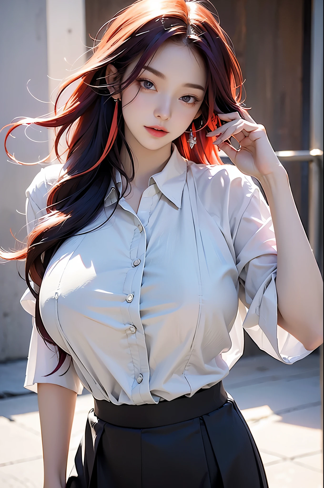 masterpiece, best quality, high resolution, 1 girl, colored hair, hair covering one eye, Red hair, multicoloRed hair, long hair, purple eyes, bicolor hair, hair ring, earphone, white hair, , Bangs, very long hair, medium breasts, black skirt,(huge breasts:1.2),wet skin