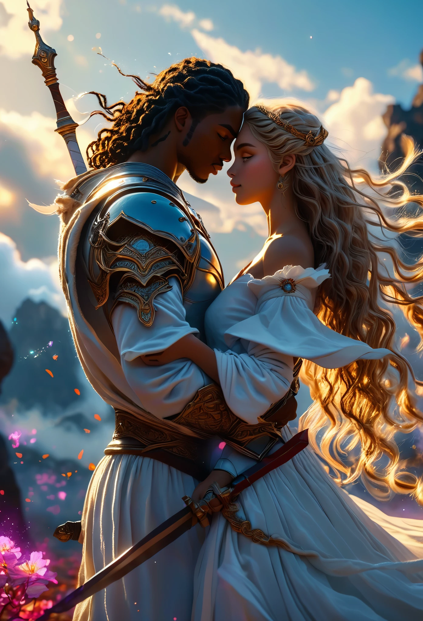 Passionate couple in a celestial landscape, young dark-skinned couple in their 20s, on a battlefield, they fight together, a man and a woman, he is a warrior prince with long curly brown hair, he has two swords, she is a mixed-race blonde warrior princess with grey eyes, she has a spear, Full body, 8K, extremely detailed, high quality, (photorealistic:1.37), Full body, ideal proportions and defined complexion, meticulously crafted features, unreachable beauty, perfection, breathtaking elegance, g curves, goddess-like figures, divine symmetry, artistic masterpieces, vivid realism, hyper-detailed sculptures, life-like forms, truly awe-inspiring, impeccable craftsmanship, pure radiance, ethereal beauty, delicate contours, striking poses, sublime beauty, subtle nuances, dynamic compositions, vibrant colors, perfect lighting, soulful expressions, celestial aura, majestic presence, dreamlike atmosphere, unmatched gdetailed octane render trending on artstation, 8 k artistic photography, photorealistic concept art, soft natural volumetric cinematic perfect light, chiaroscuro, award - winning photograph, masterpiece, perfect composition, beautiful detailed intricate insanely