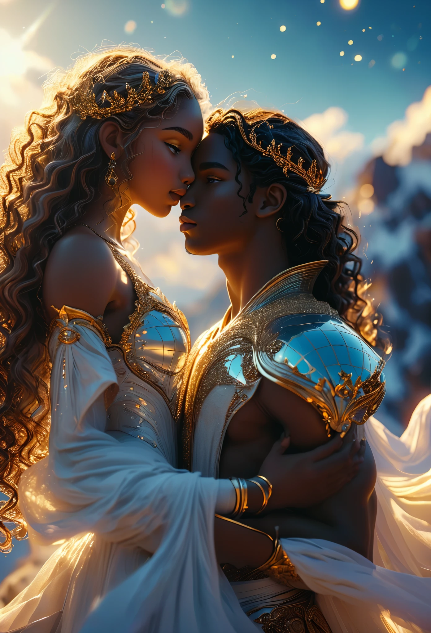 Duo in a celestial landscape, young dark-skinned duo in their 20s, they are fighting each other, they stand face to face, he is a divine prince with long curly caramel hair, she is a mixed-race princess, she has freckles, she is blonde with grey eyes, Full body, 8K, extremely detailed, high quality, (photorealistic:1.37), Full body, ideal proportions and defined complexion, meticulously crafted features, unreachable beauty, perfection, breathtaking elegance, g curves, goddess-like figures, divine symmetry, artistic masterpieces, vivid realism, hyper-detailed sculptures, life-like forms, truly awe-inspiring, impeccable craftsmanship, pure radiance, ethereal beauty, delicate contours, striking poses, sublime beauty, subtle nuances, dynamic compositions, vibrant colors, perfect lighting, soulful expressions, celestial aura, majestic presence, dreamlike atmosphere, unmatched gdetailed octane render trending on artstation, 8 k artistic photography, photorealistic concept art, soft natural volumetric cinematic perfect light, chiaroscuro, award - winning photograph, masterpiece, perfect composition, beautiful detailed intricate insanely
