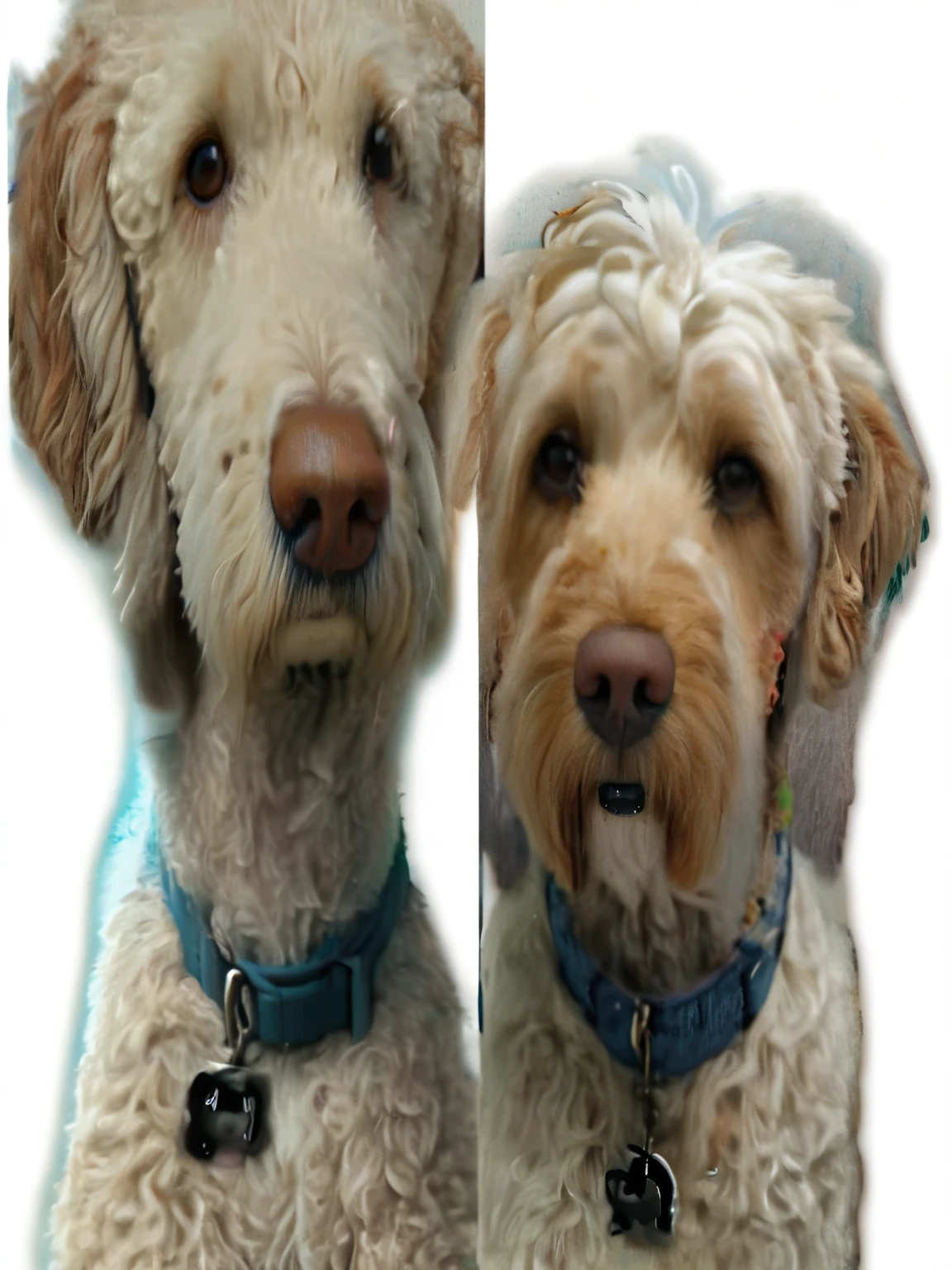 two dogs are sitting side by side with one looking at the camera, before and after, two dogs, two handsome men, digitally painted, both smiling for the camera, gorgeous features, detailed portrait shot, corrected faces, colored accurately, bowater charlie and brom gerald, identical picture, detailed portrait, vey detailed faces, color and contrast corrected, male and female