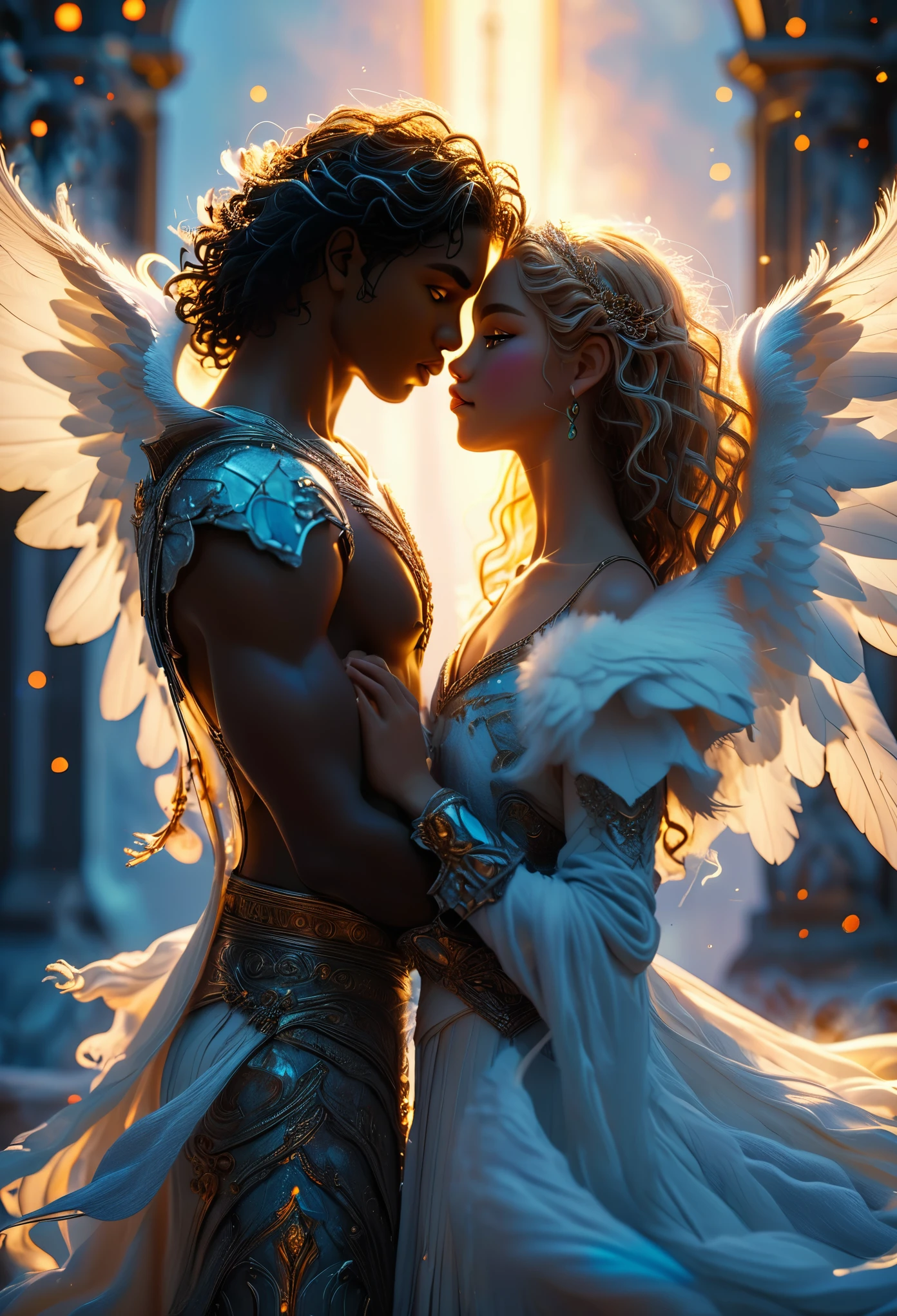 Duo in a celestial landscape, young dark-skinned duo in their 20s, in hell, they are fighting each other, he is a prince of the fallen angels with long curly caramel hair, she is a mixed-race princess, she has freckles, she is blonde with grey eyes, Full body, 8K, extremely detailed, high quality, (photorealistic:1.37), Full body, ideal proportions and defined complexion, meticulously crafted features, unreachable beauty, perfection, breathtaking elegance, g curves, goddess-like figures, divine symmetry, artistic masterpieces, vivid realism, hyper-detailed sculptures, life-like forms, truly awe-inspiring, impeccable craftsmanship, pure radiance, ethereal beauty, delicate contours, striking poses, sublime beauty, subtle nuances, dynamic compositions, vibrant colors, perfect lighting, soulful expressions, celestial aura, majestic presence, dreamlike atmosphere, unmatched gdetailed octane render trending on artstation, 8 k artistic photography, photorealistic concept art, soft natural volumetric cinematic perfect light, chiaroscuro, award - winning photograph, masterpiece, perfect composition, beautiful detailed intricate insanely